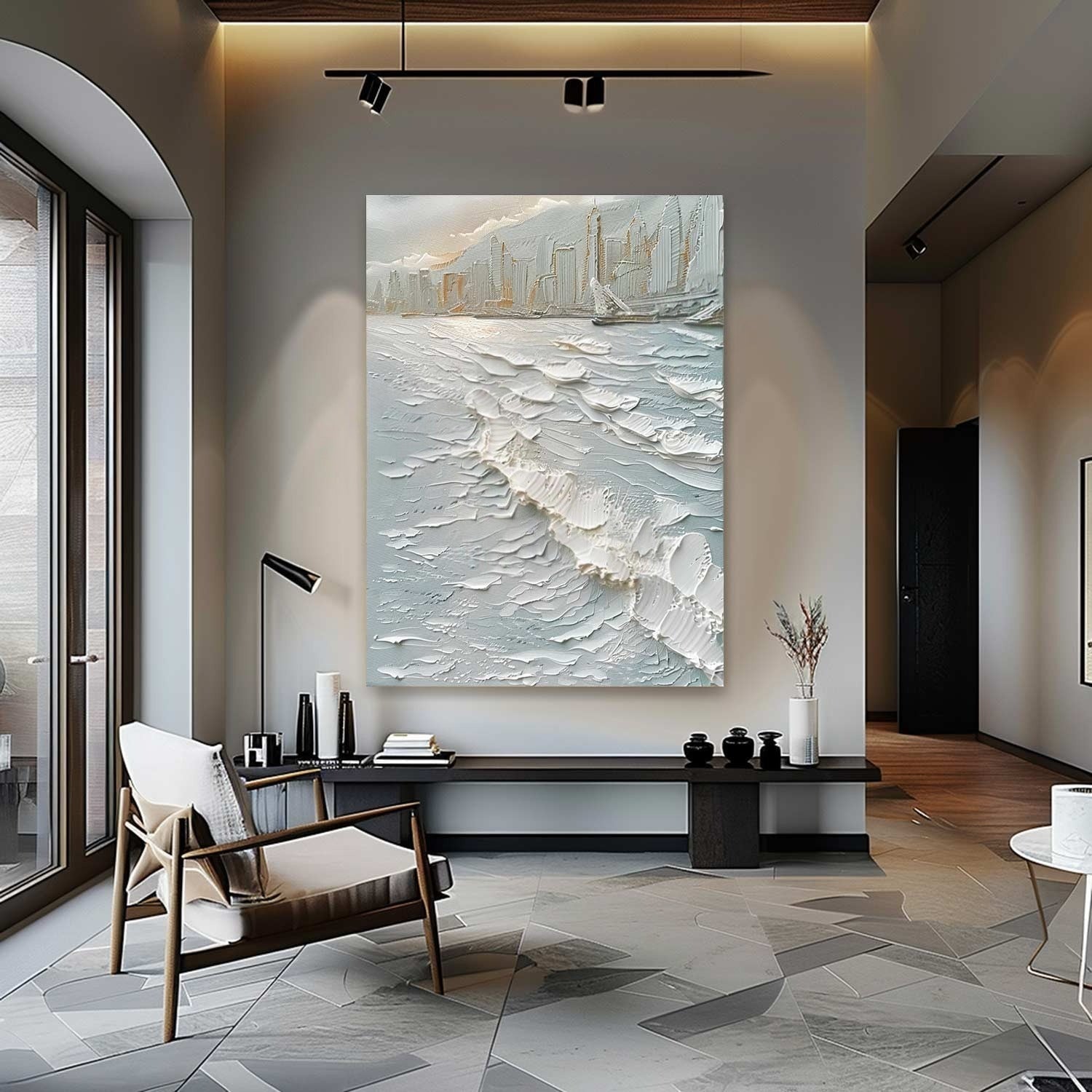 Wall Art Impasto Cityscape Coastal Skyline - Neutralighting