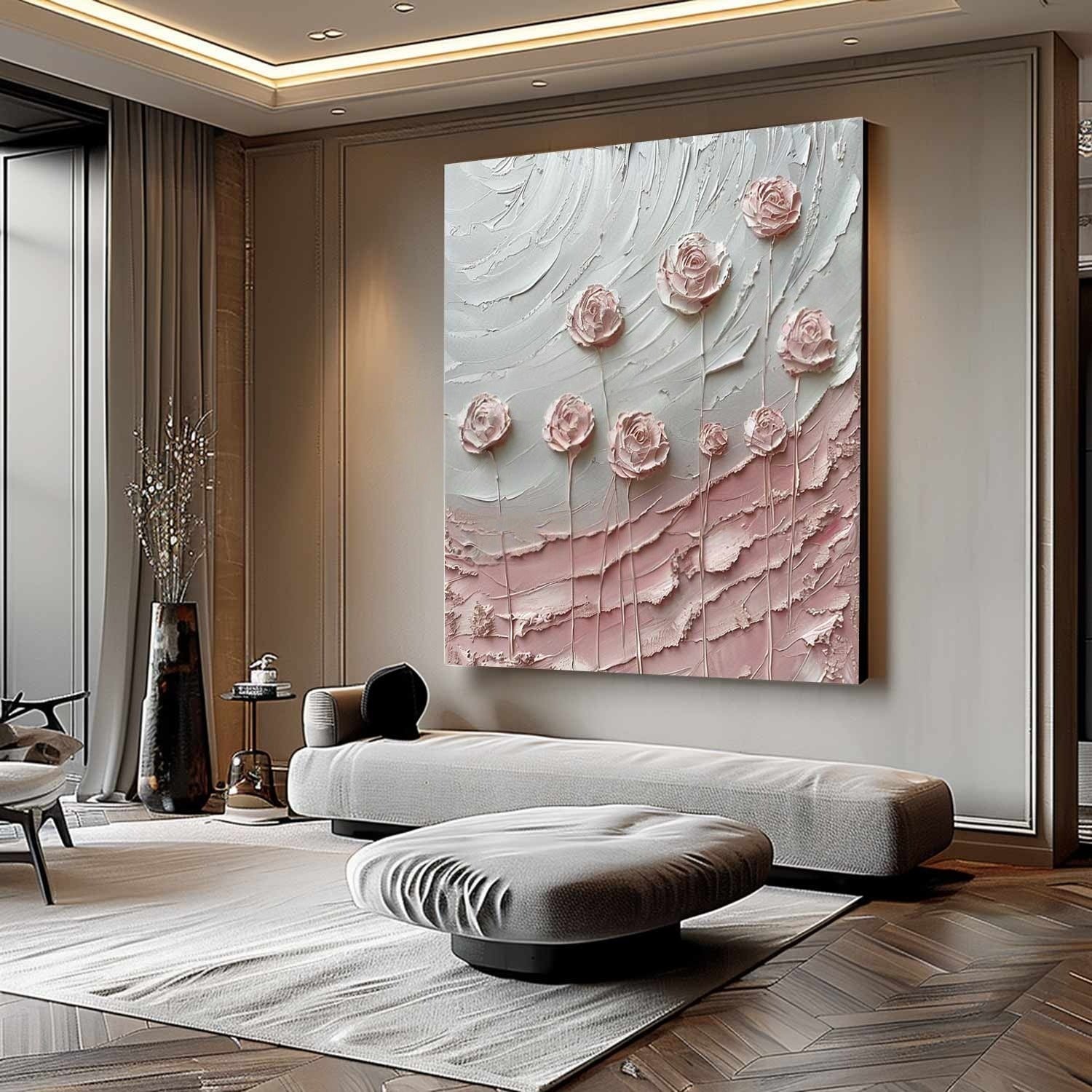 Wall Art Square Pink Rose Floral Painting - Neutralighting