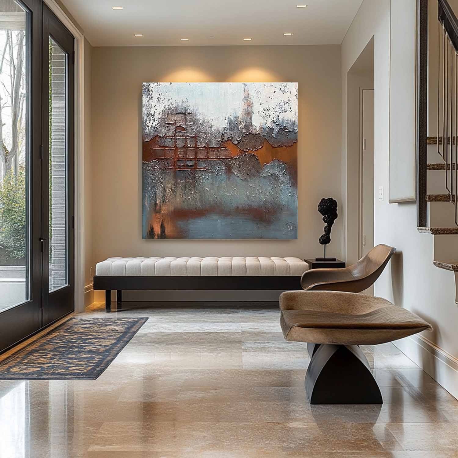 Wall Art Abstract Rustic Grid Blue Orange - Neutralighting