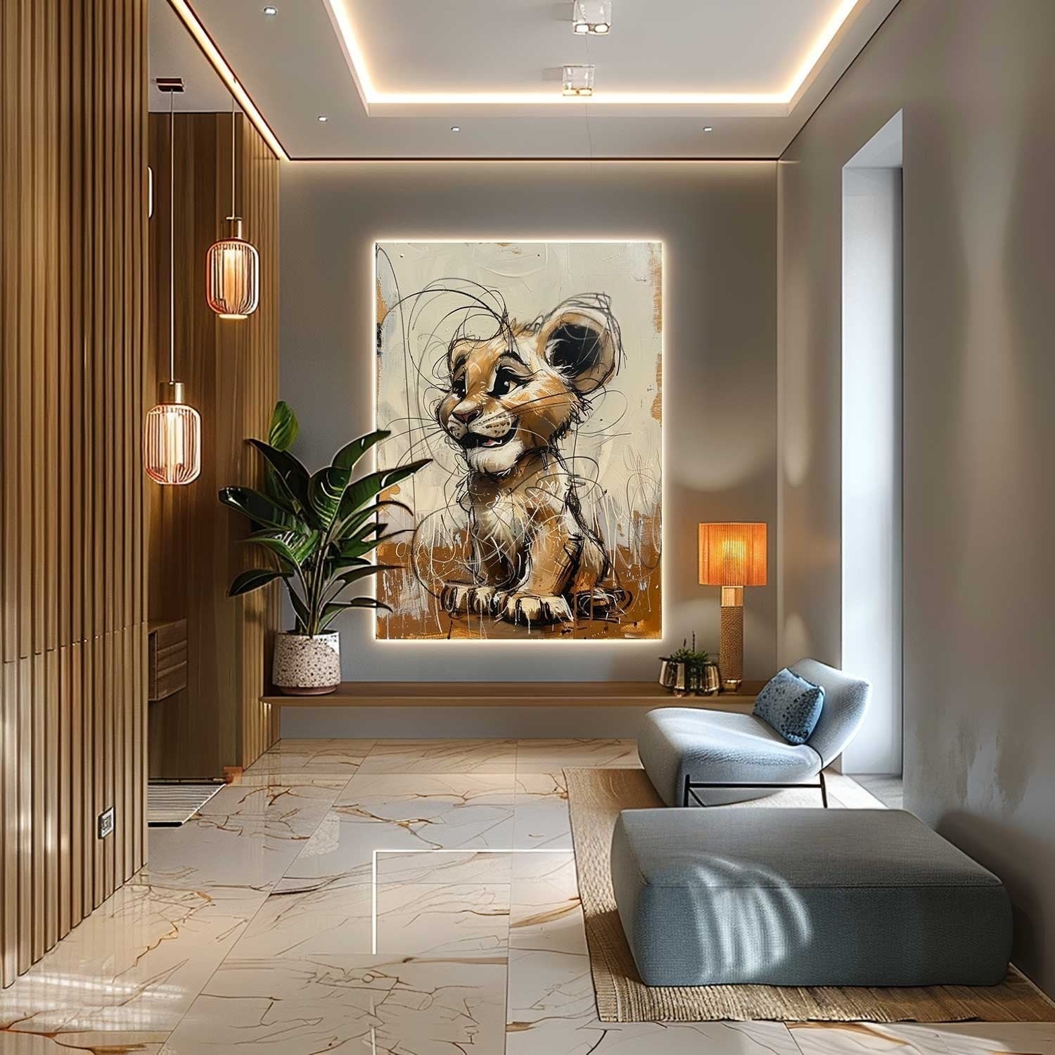 Wall Art Textured Playful Lion Cub - Neutralighting