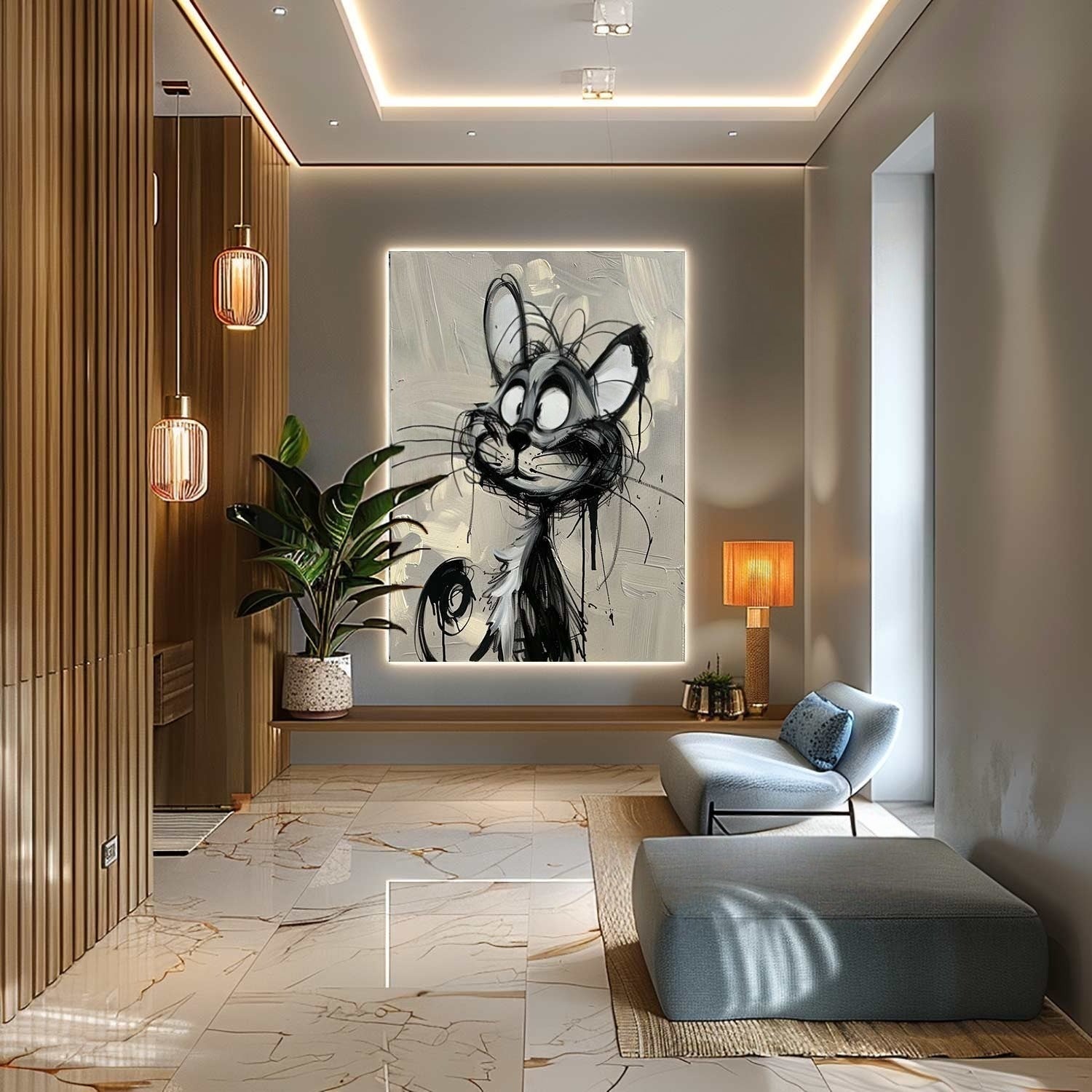 Wall Art Cartoon Cat Black White Drip Oil Painting - Neutralighting
