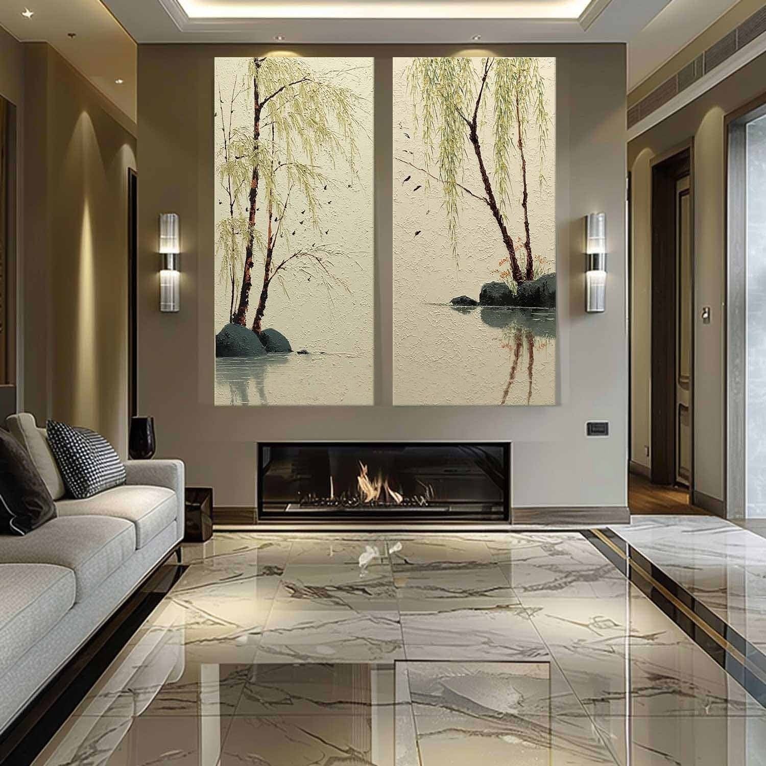 Willow Lake Diptych 3D Impasto Painting - Neutralighting