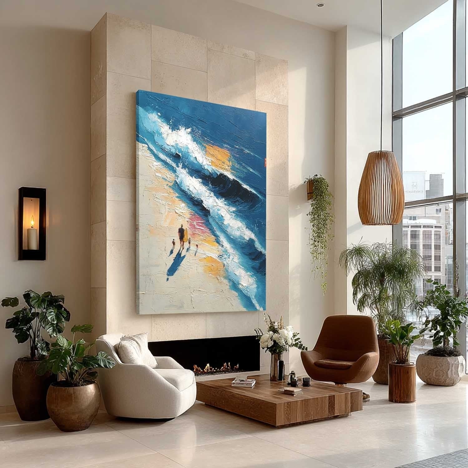 Wall Art Vertical Impressionist Family Beach Scene Deep - Neutralighting