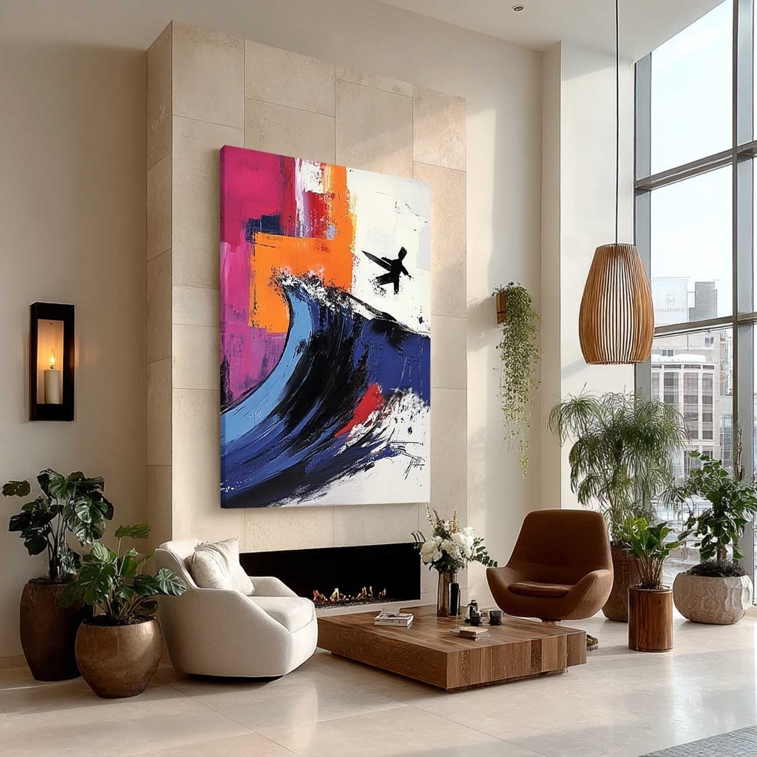 Wall Art Energetic Textured Surfer Wave - Neutralighting