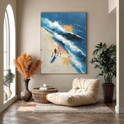 Wall Art Vertical Impressionist Family Beach Scene Deep - Neutralighting