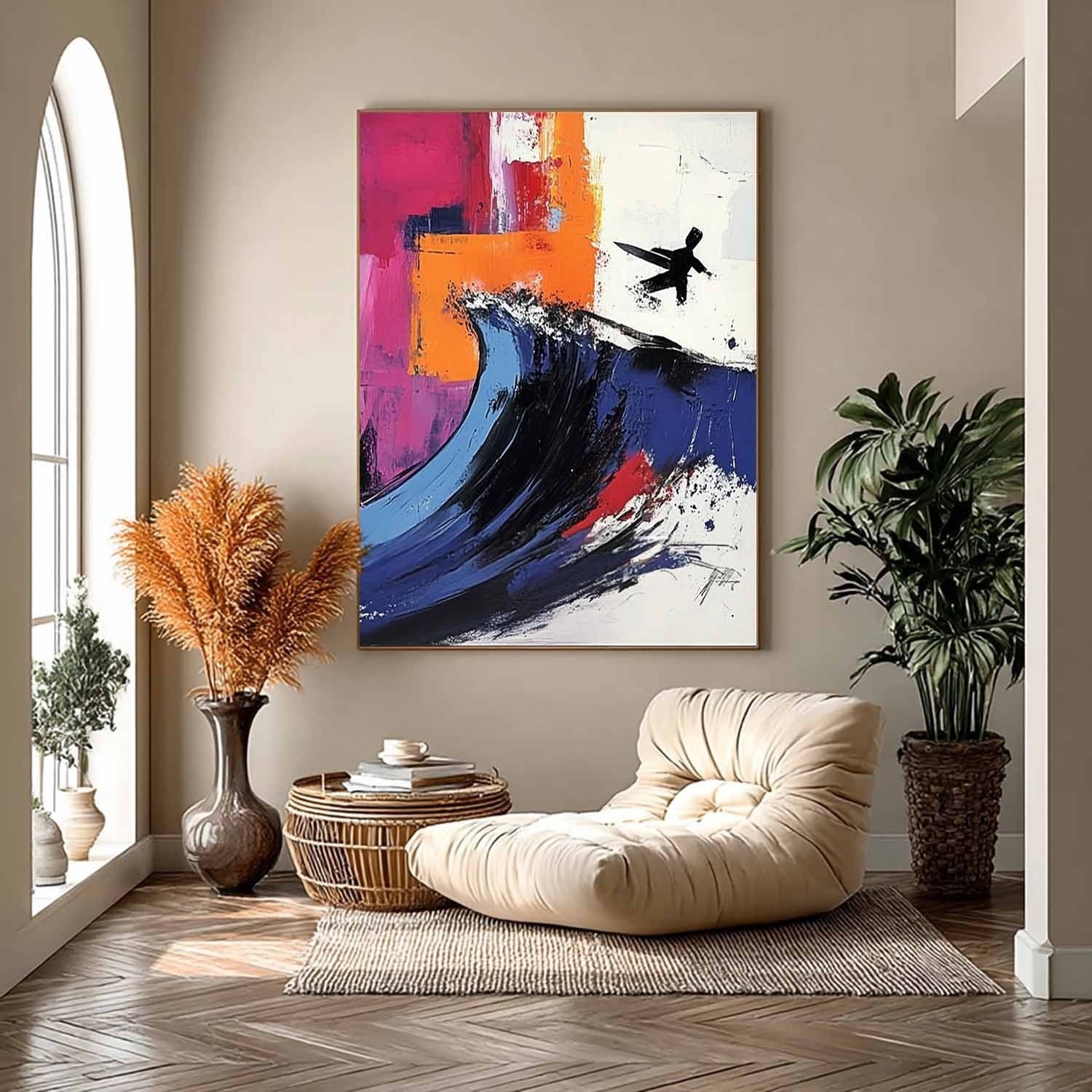 Wall Art Energetic Textured Surfer Wave - Neutralighting