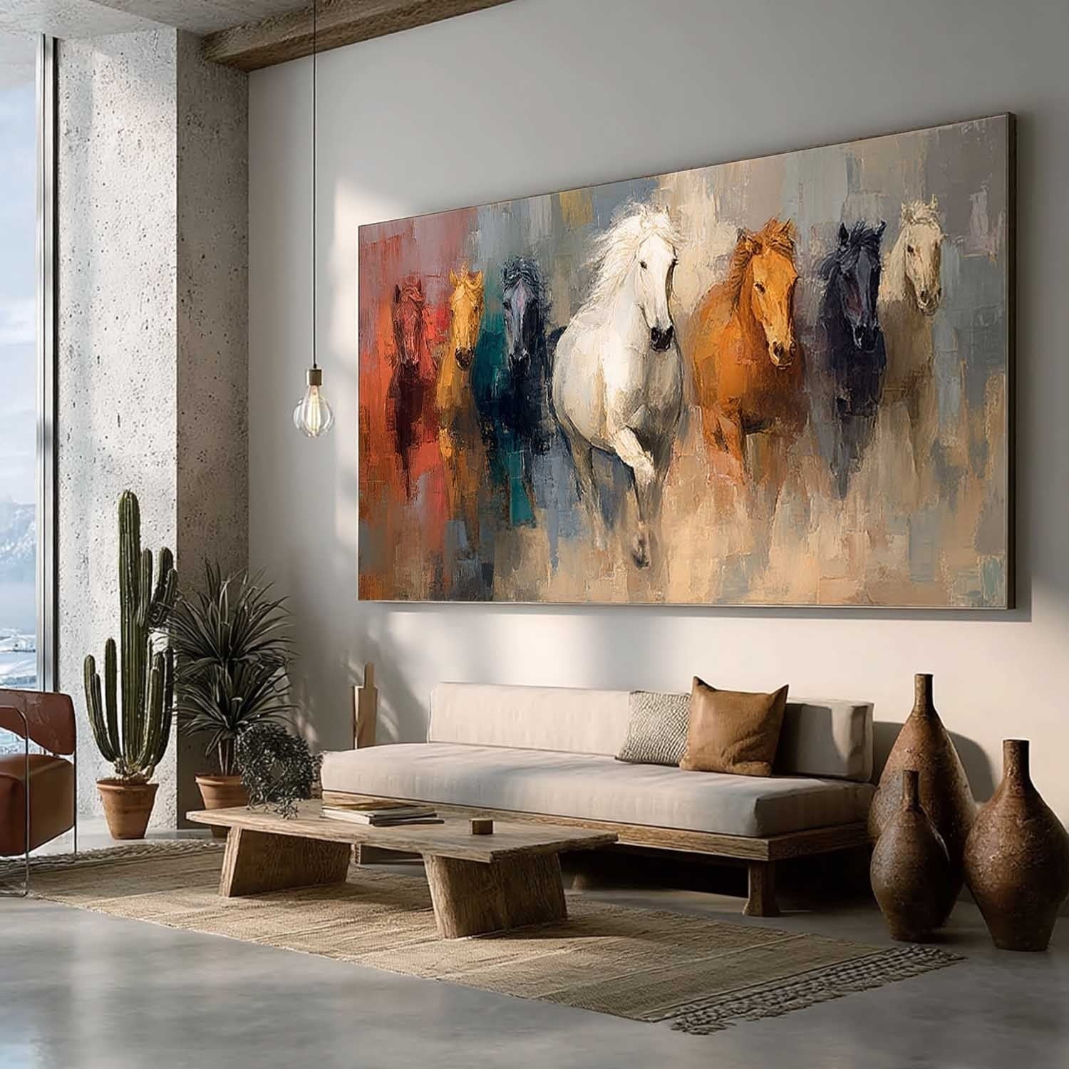 Wall Art Panoramic Impressionist Galloping Horses Scene Vibrant - Neutralighting