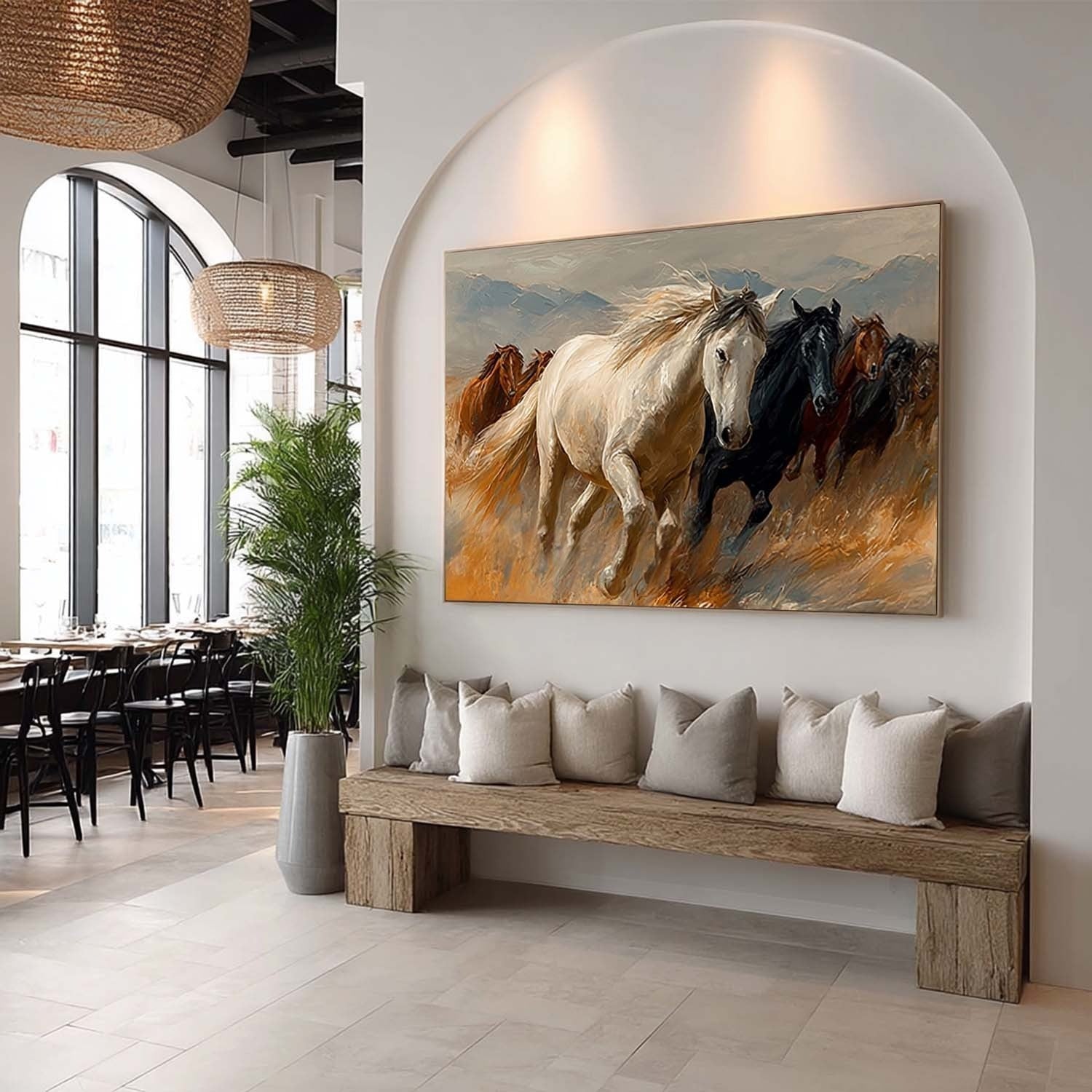 Wall Art Panoramic Realist Wild Horse Scene Warm - Neutralighting