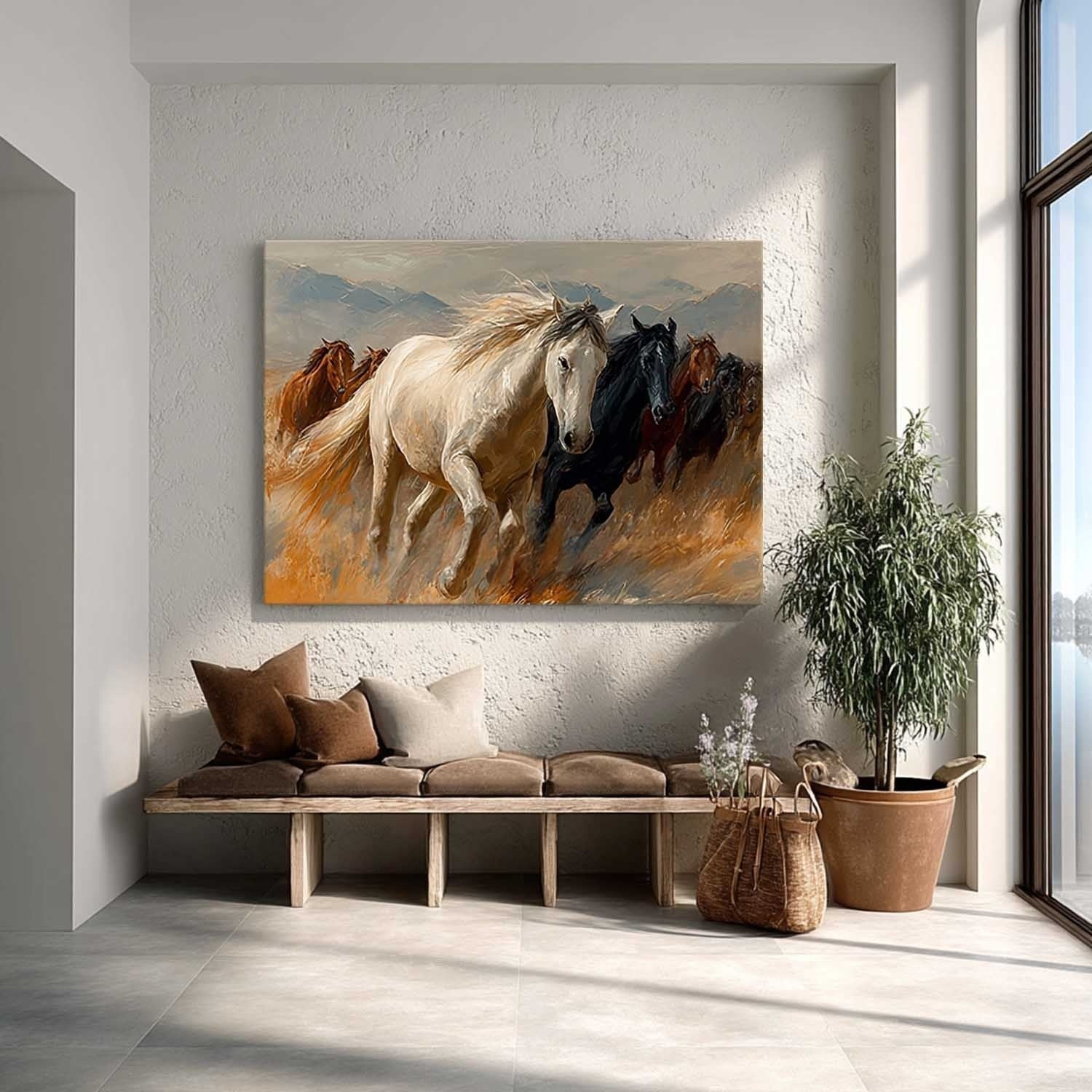 Wall Art Panoramic Realist Wild Horse Scene Warm - Neutralighting
