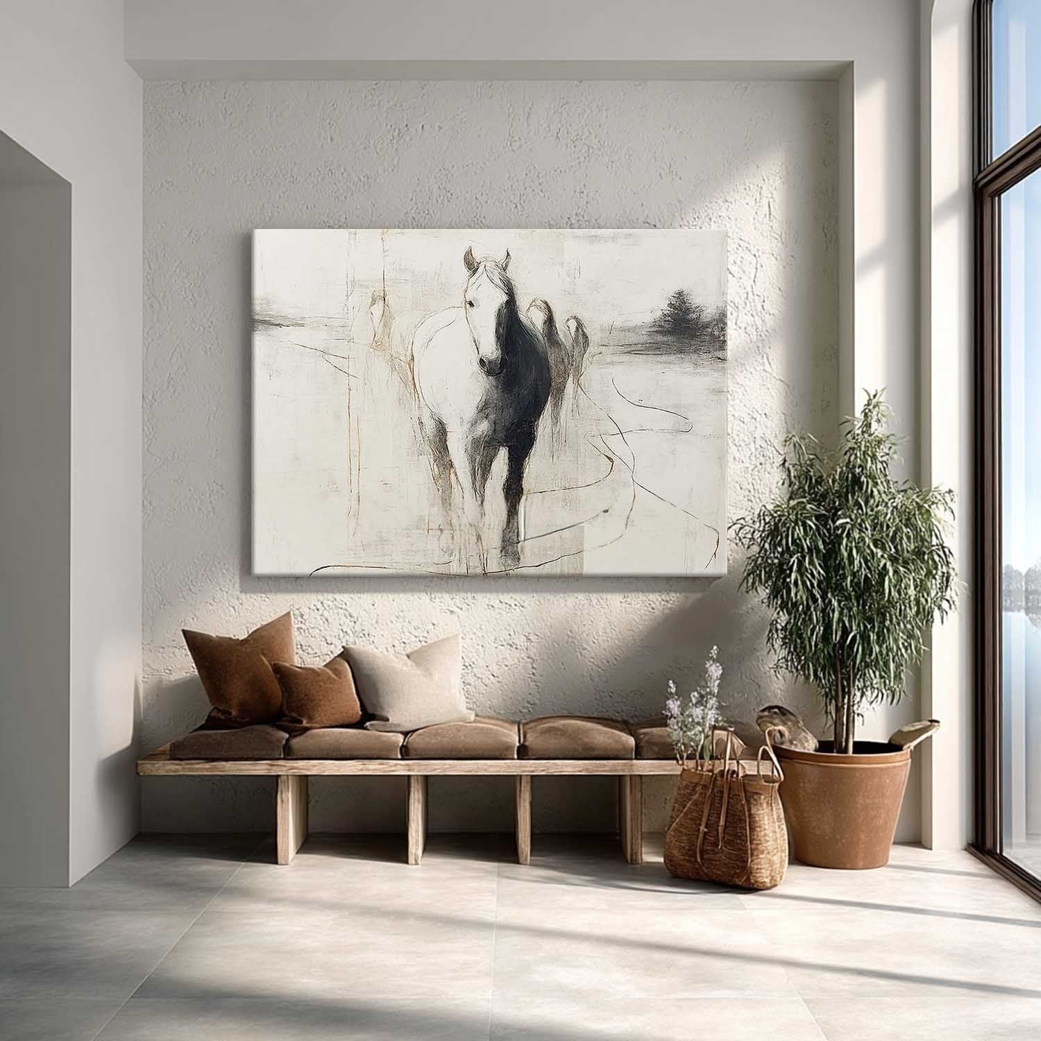 Wall Art Panoramic Abstract Horse Scene Minimalist - Neutralighting