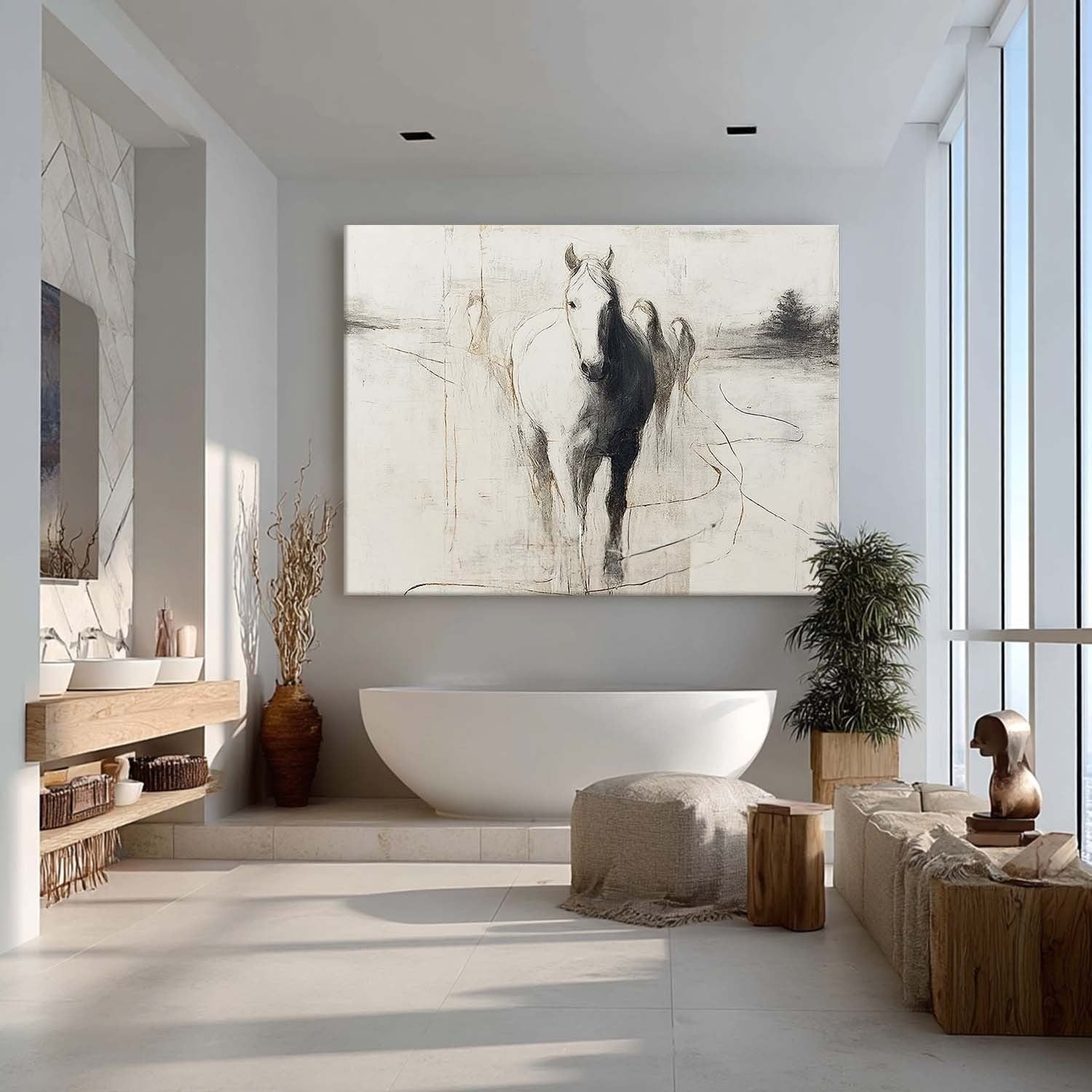 Wall Art Panoramic Abstract Horse Scene Minimalist - Neutralighting