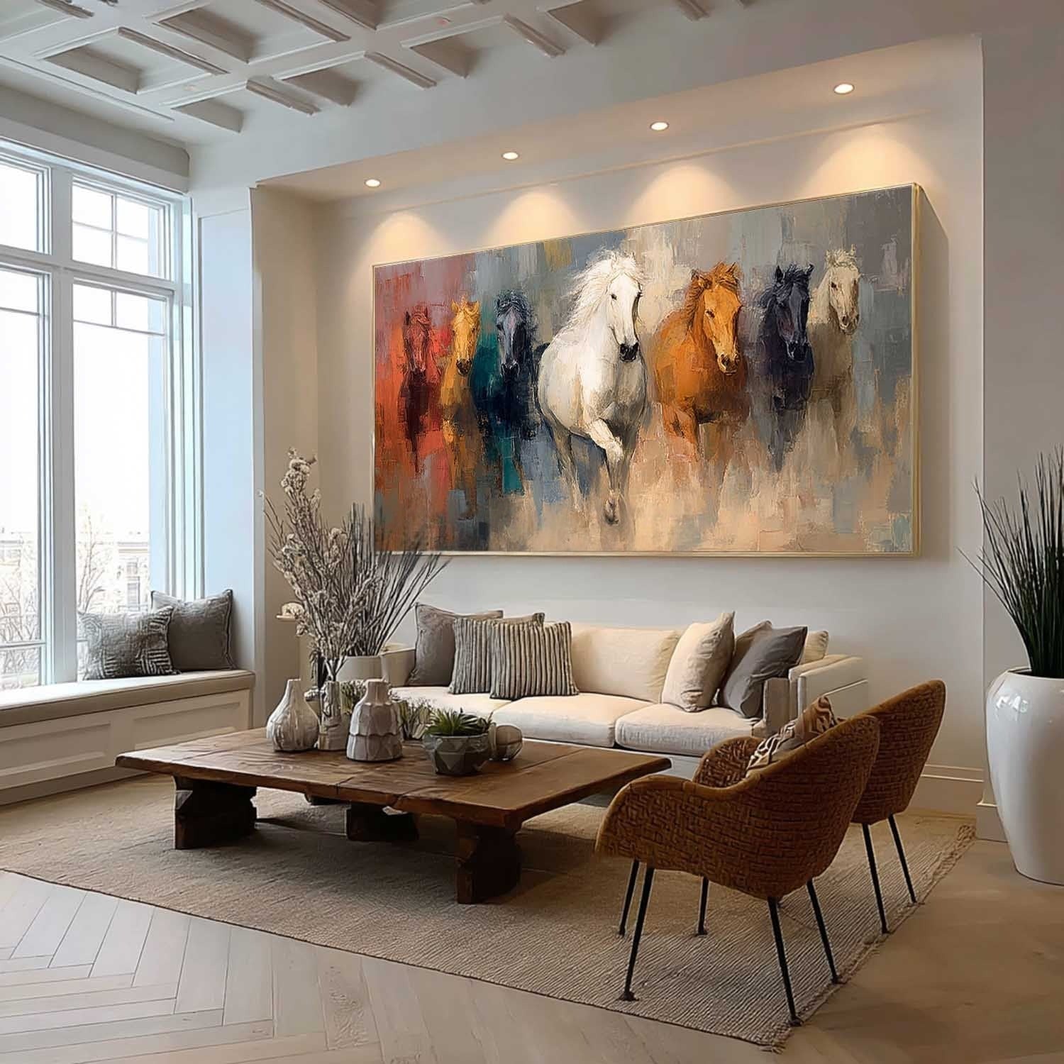 Wall Art Panoramic Impressionist Galloping Horses Scene Vibrant - Neutralighting