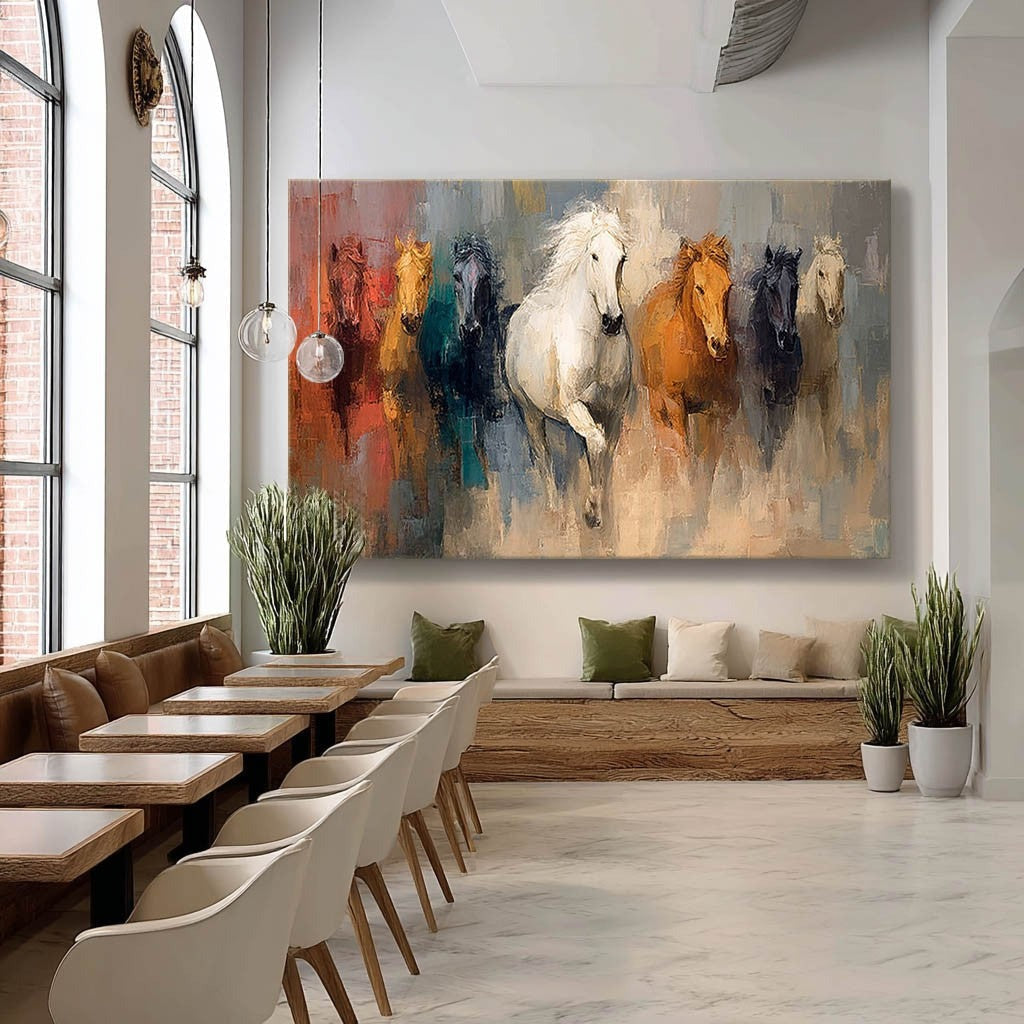 Wall Art Panoramic Impressionist Galloping Horses Scene Vibrant - Neutralighting