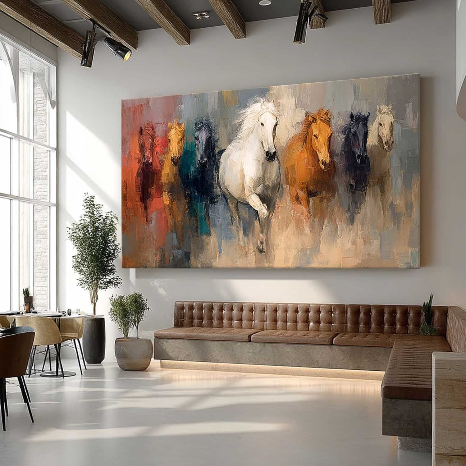 Wall Art Panoramic Impressionist Galloping Horses Scene Vibrant - Neutralighting