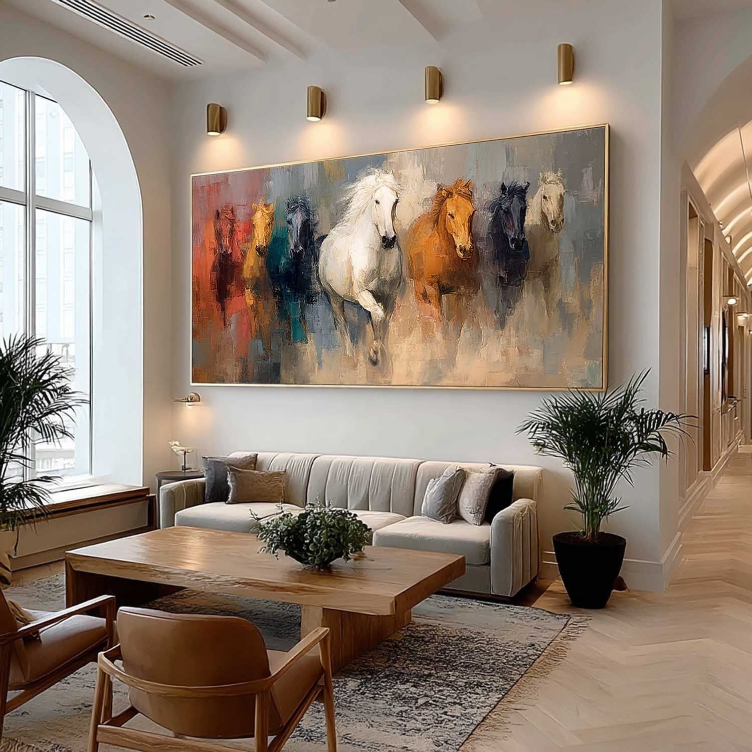 Wall Art Panoramic Impressionist Galloping Horses Scene Vibrant - Neutralighting