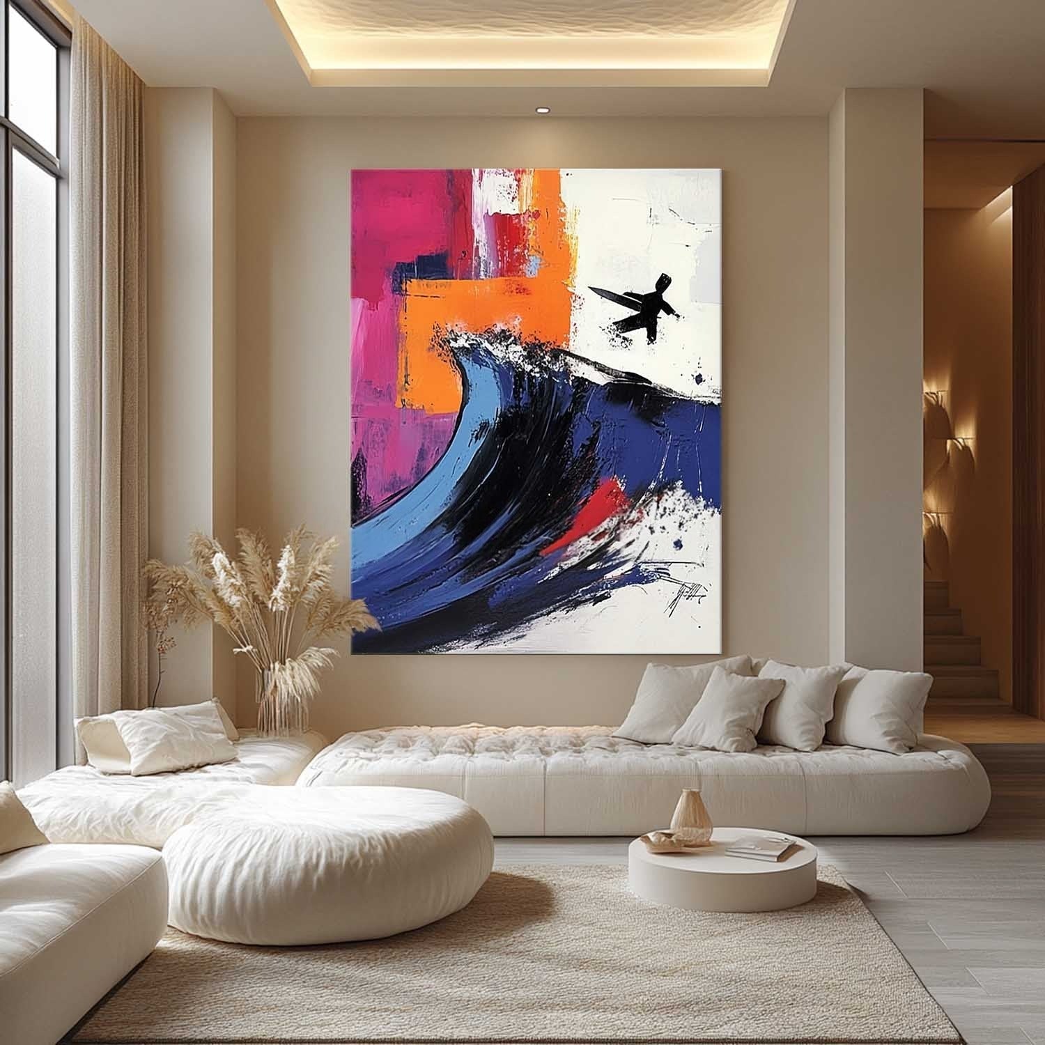 Wall Art Energetic Textured Surfer Wave - Neutralighting