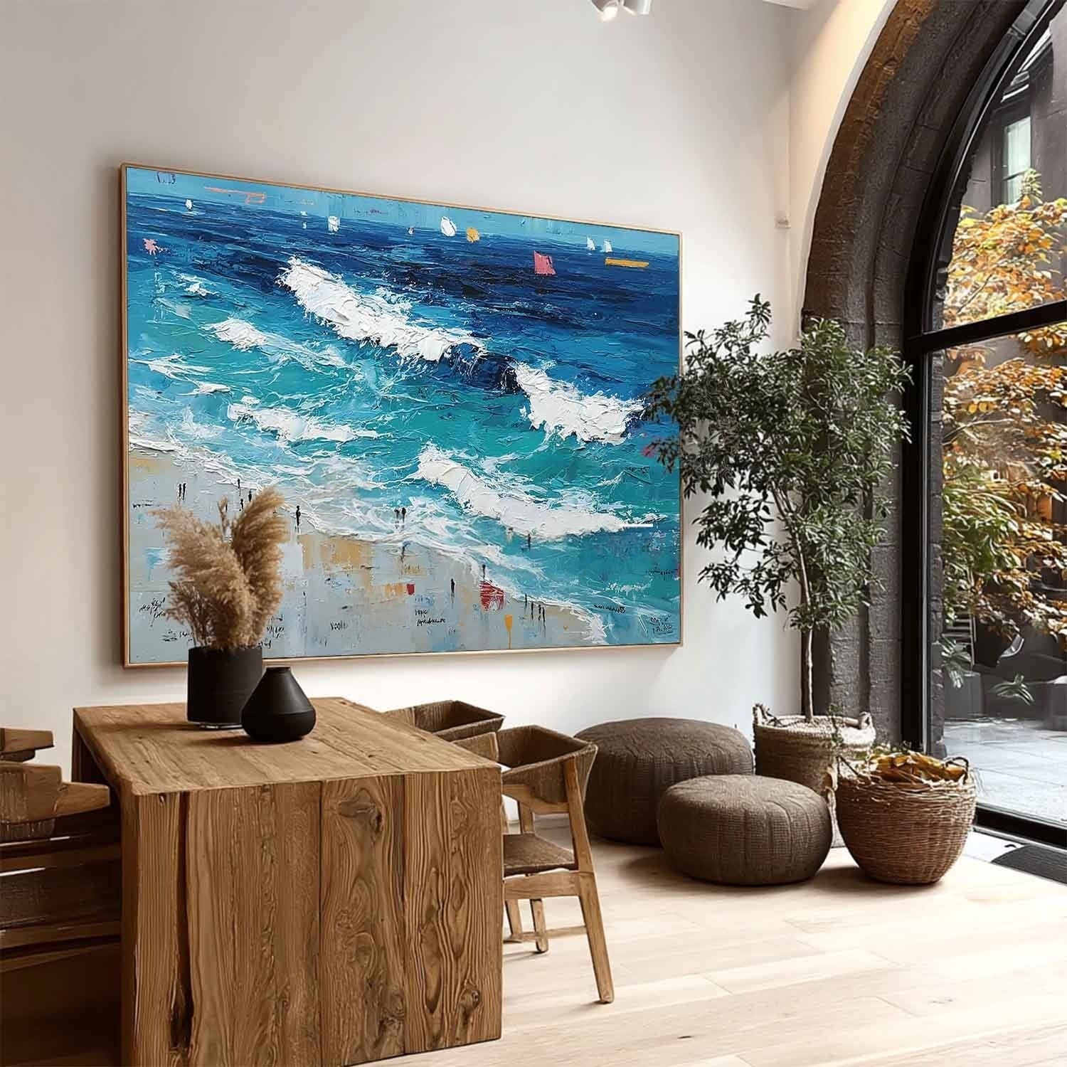 Wall Art Panoramic Impressionist Ocean Wave Scene Vivid Turquoise - Neutralighting