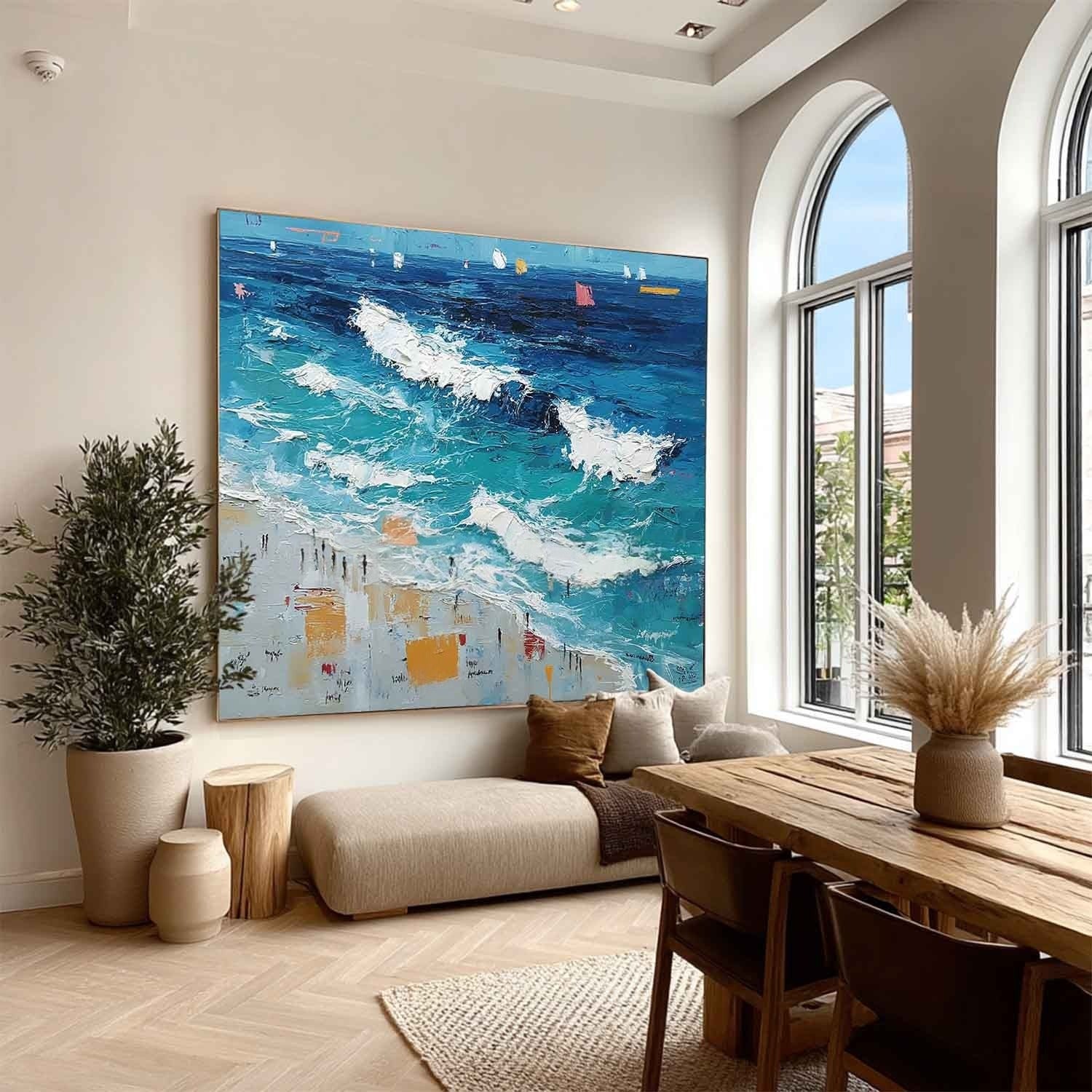 Wall Art Panoramic Impressionist Ocean Wave Scene Vivid Turquoise - Neutralighting