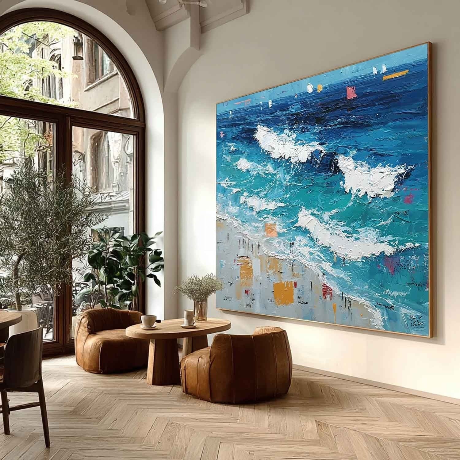 Wall Art Panoramic Impressionist Ocean Wave Scene Vivid Turquoise - Neutralighting