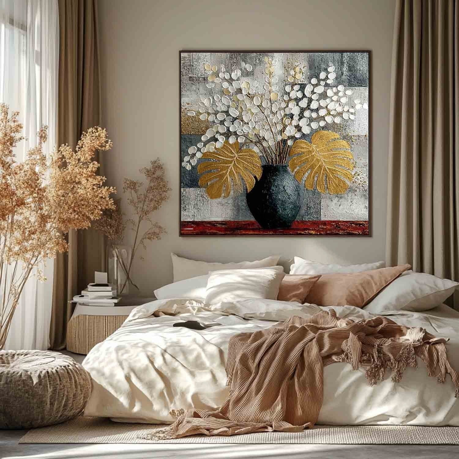 Gold Monstera White Blossoms Impasto Painting - Neutralighting