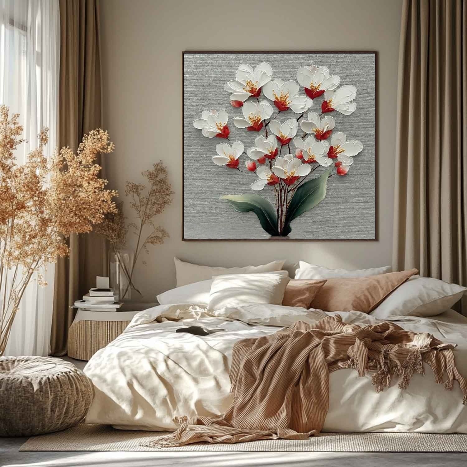 White Cherry Blossom 3D Textured Painting - Neutralighting