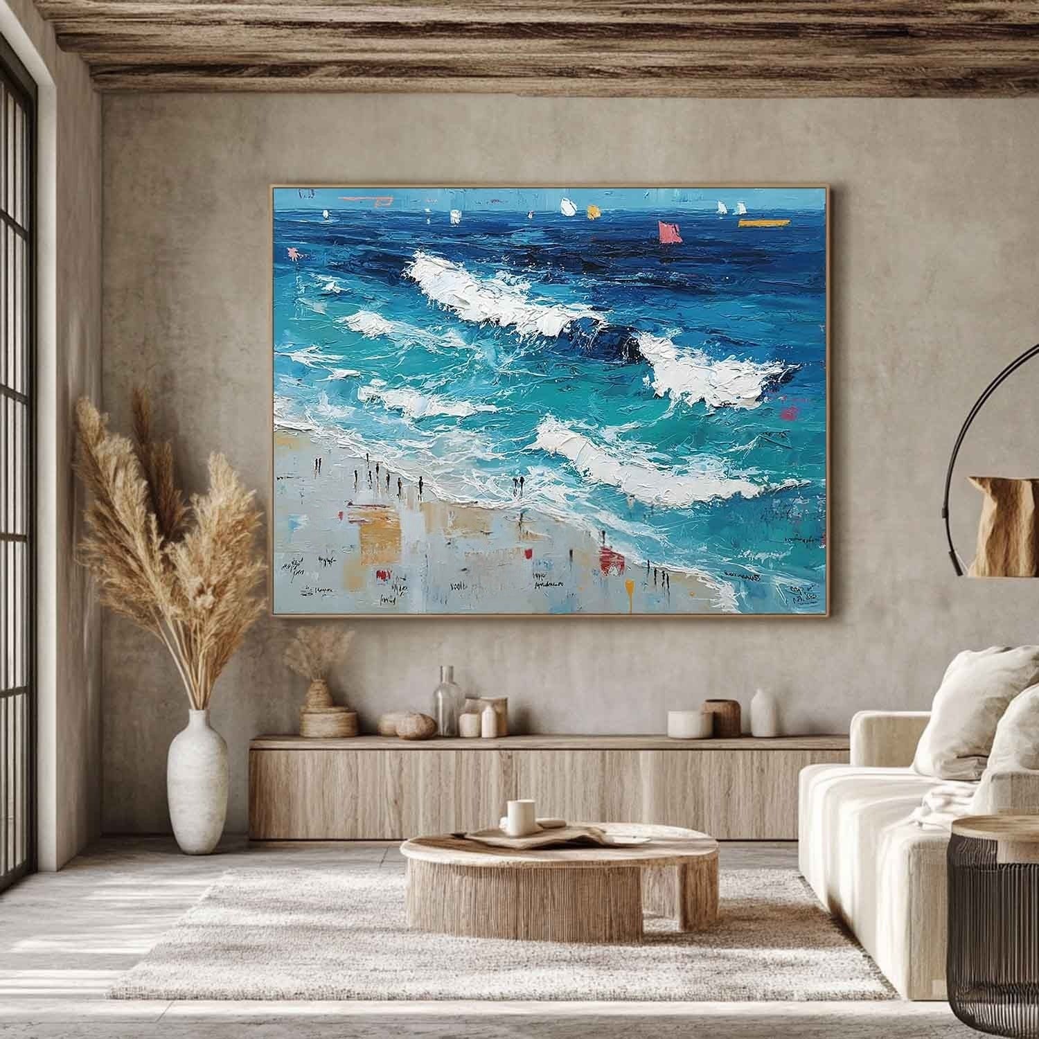 Wall Art Panoramic Impressionist Ocean Wave Scene Vivid Turquoise - Neutralighting
