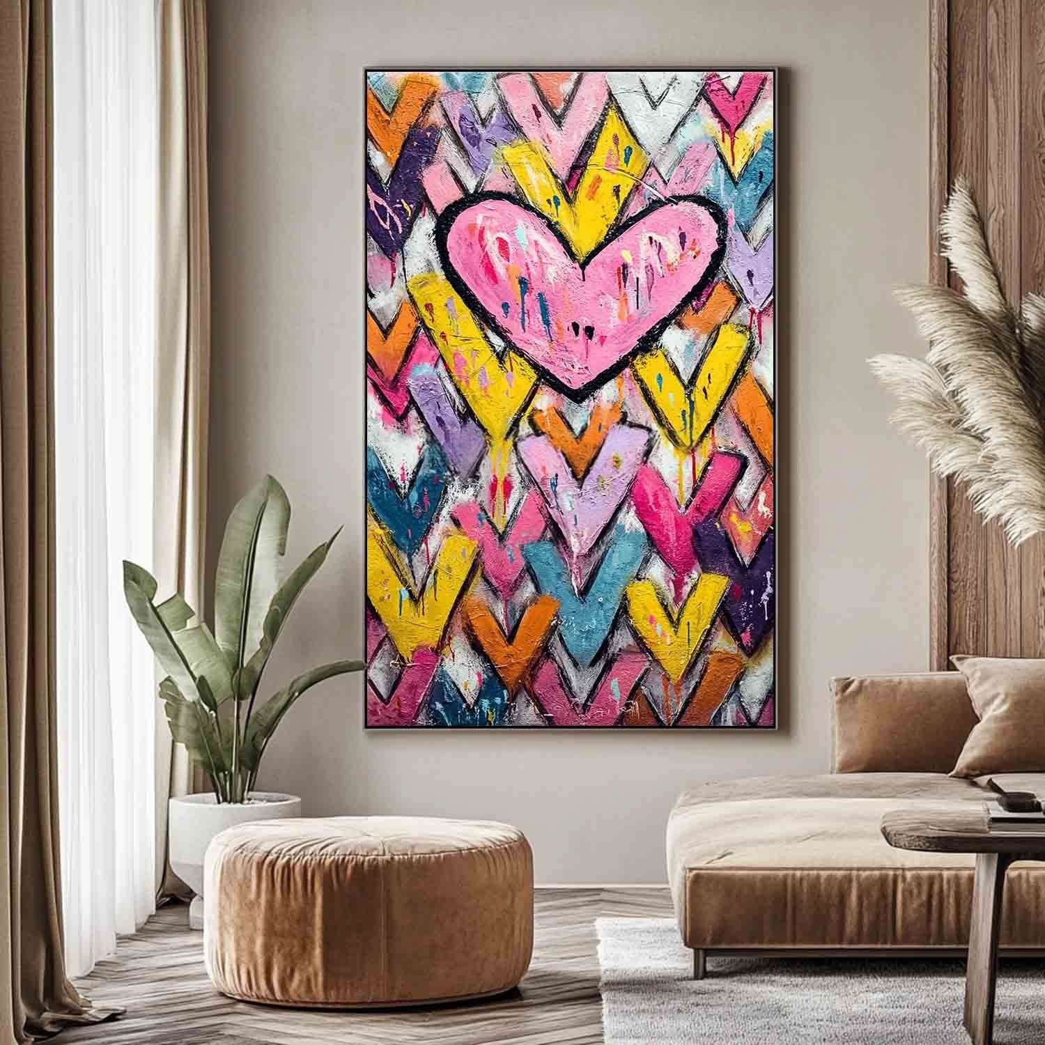 Wall Art Pop Art Pink Heart Colorful Chevron - Neutralighting