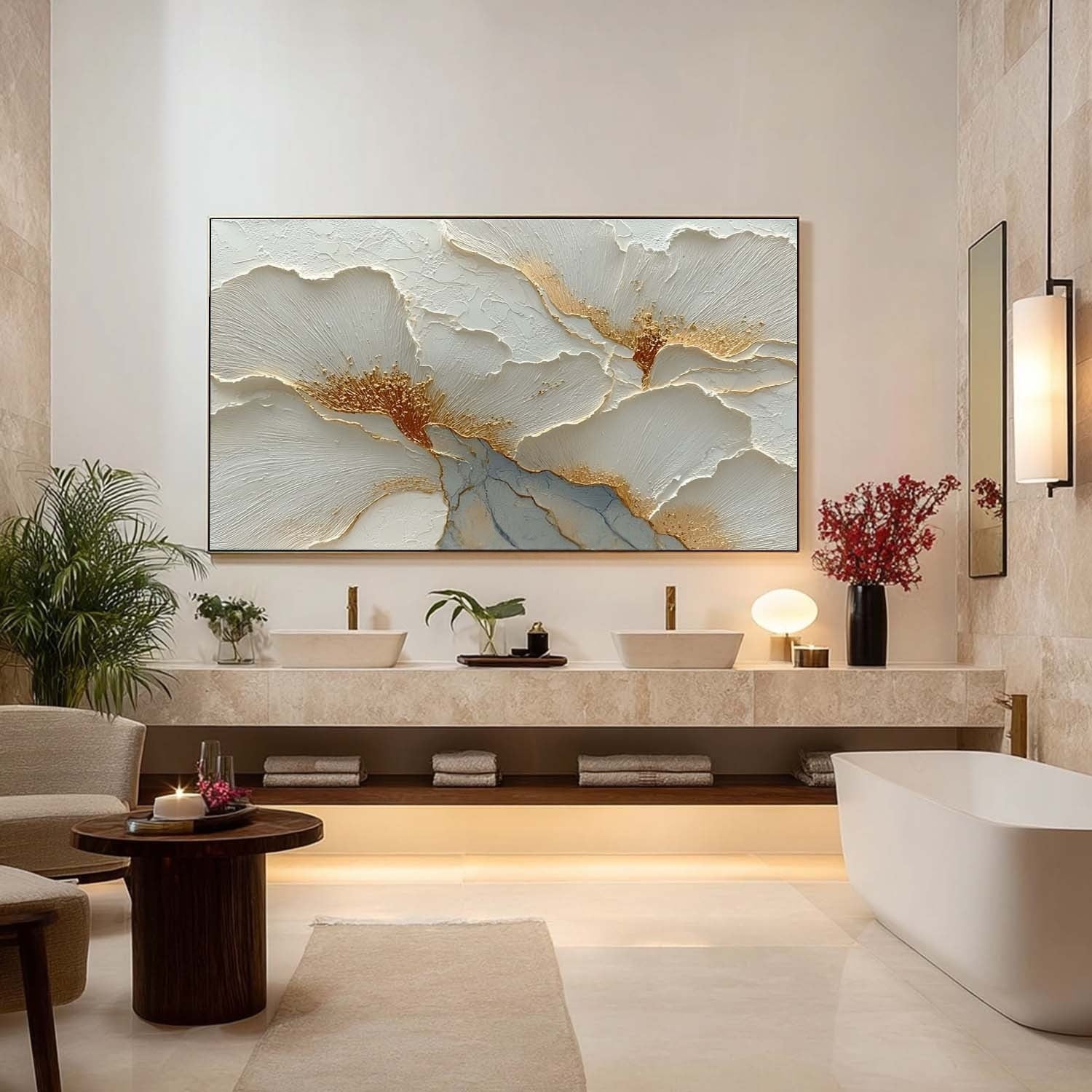 Luxury White & Gold Floral Impasto Painting - Neutralighting