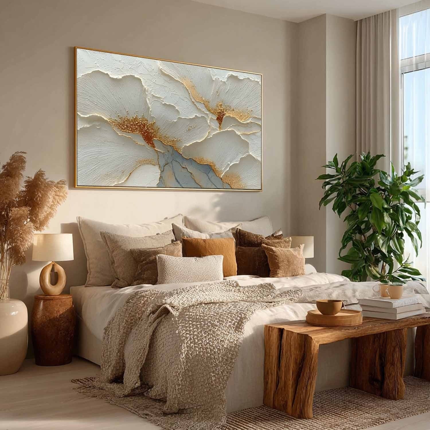 Luxury White & Gold Floral Impasto Painting - Neutralighting
