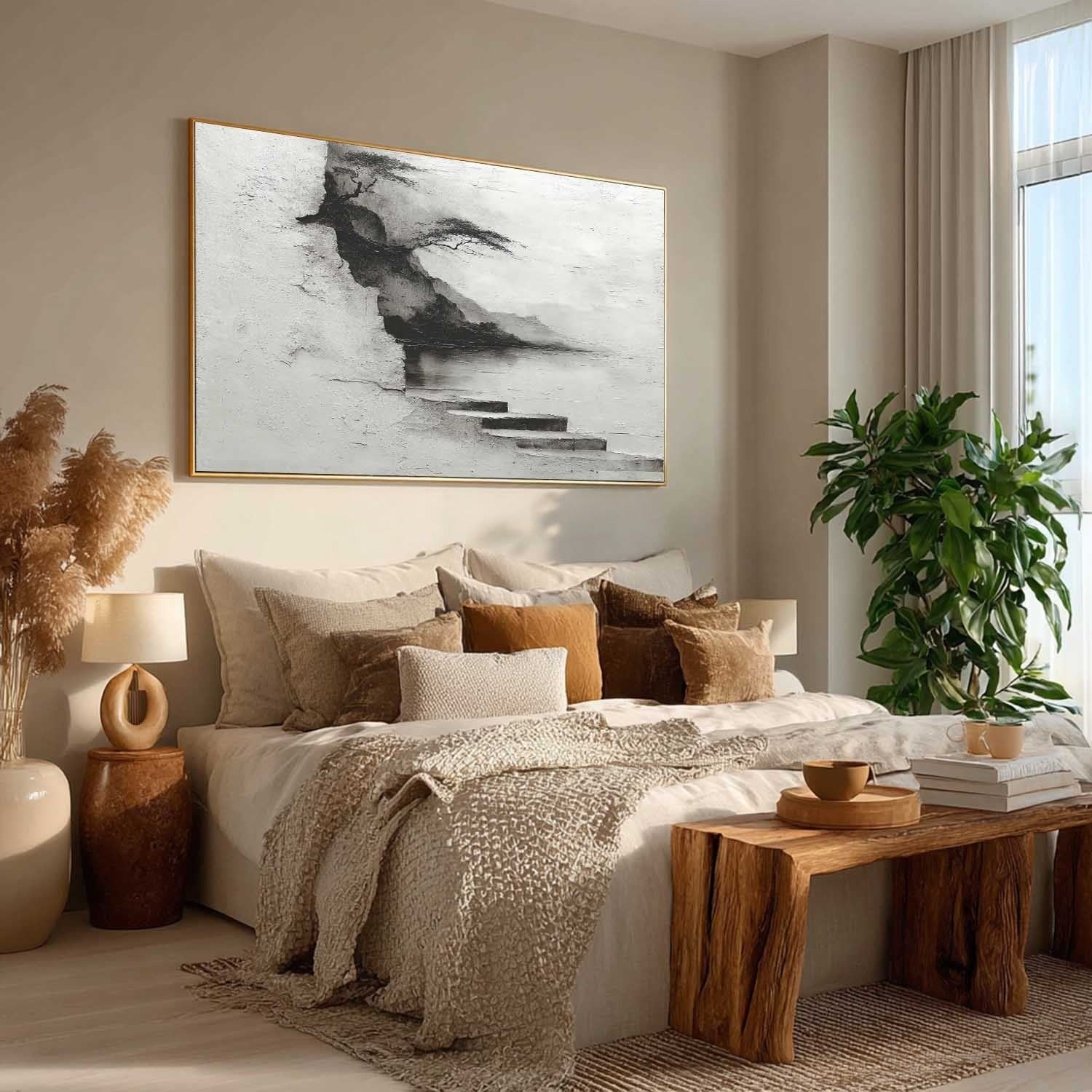 Wall Art Monochrome Cliff Tree Lakeside Landscape - Neutralighting