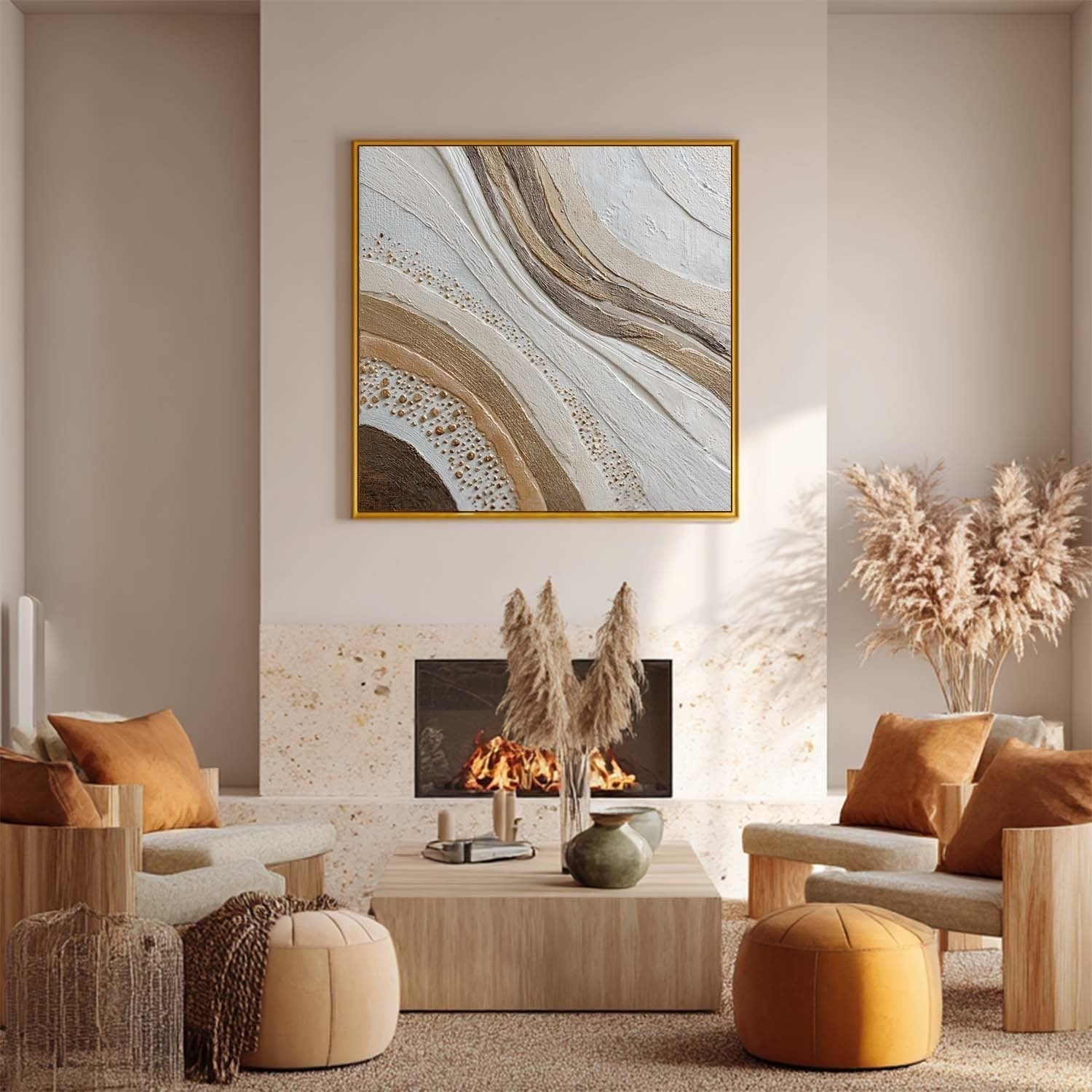 Wall Art Neutral Wave Abstract Gold Dot - Neutralighting