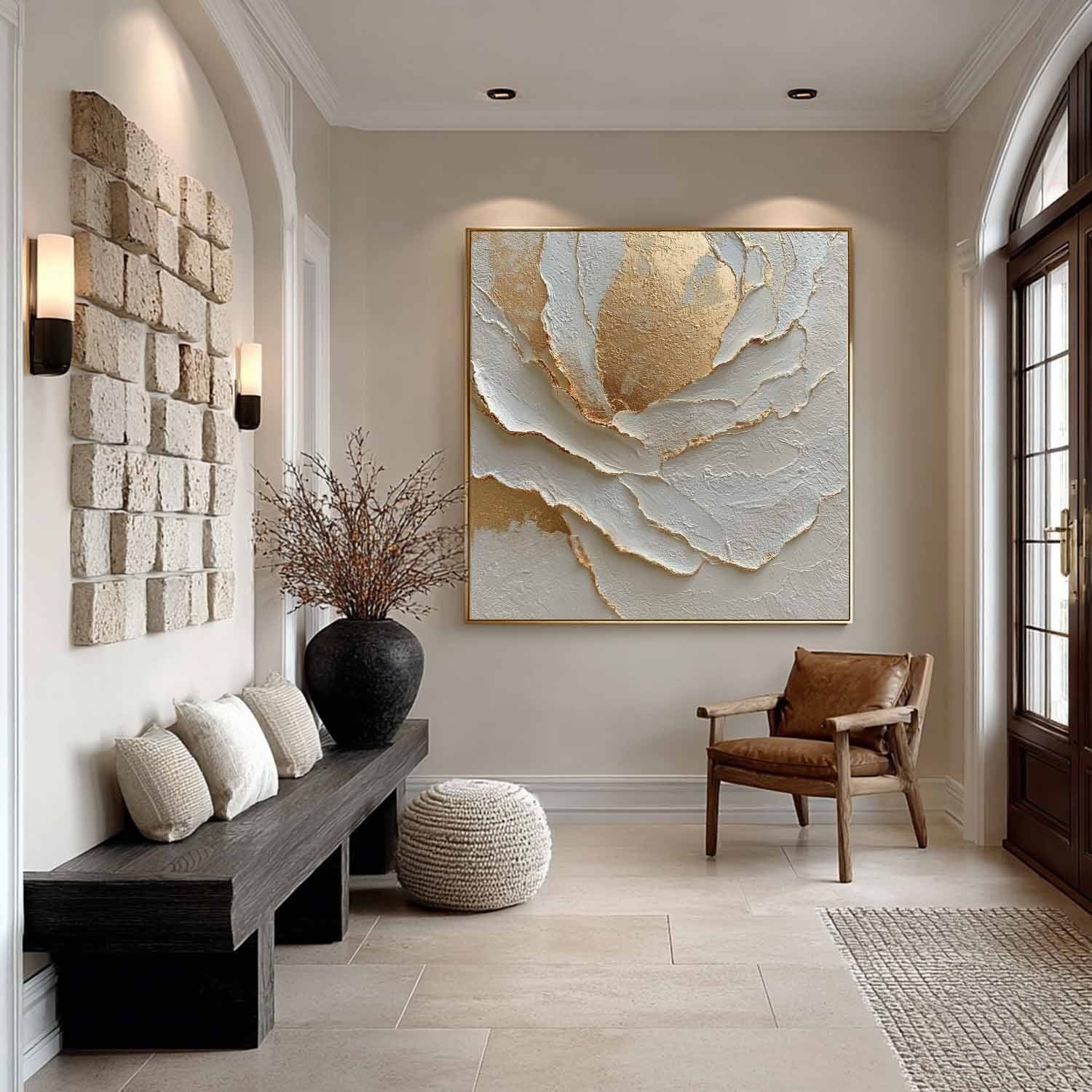 Wall Art White Peony Gold Accent Floral - Neutralighting