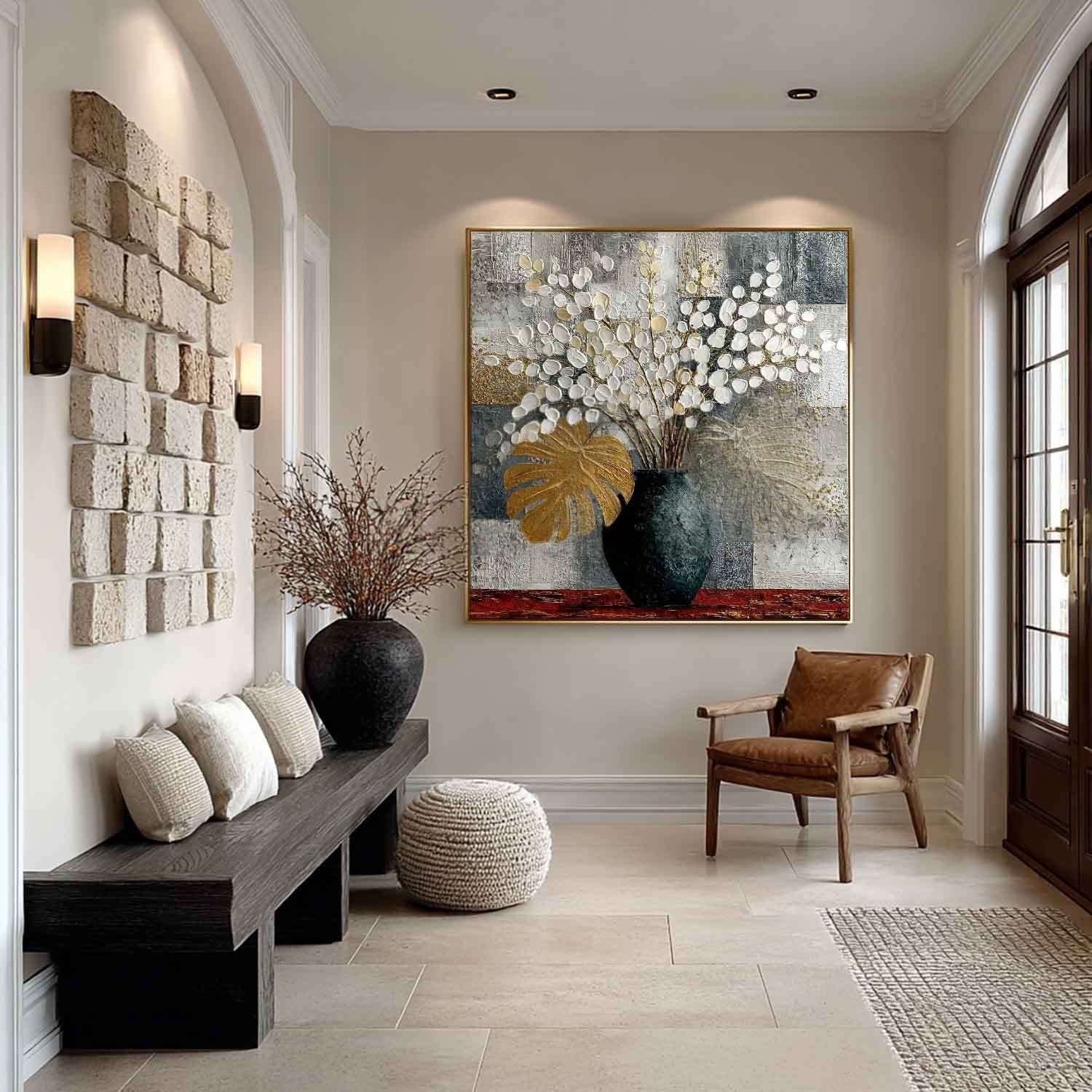 Gold Monstera White Blossoms Impasto Painting - Neutralighting