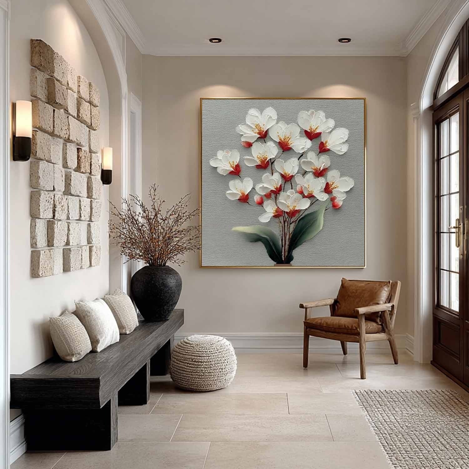 White Cherry Blossom 3D Textured Painting - Neutralighting