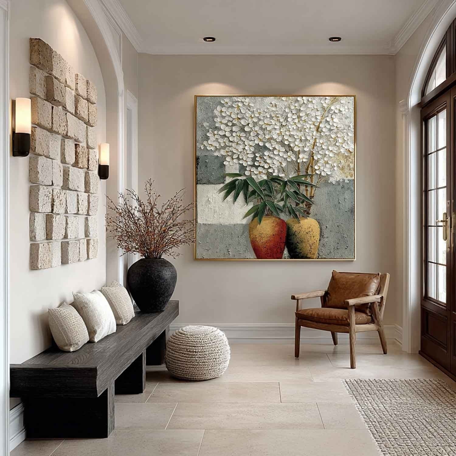 White Blossoms Gold Vases Impasto Painting - Neutralighting