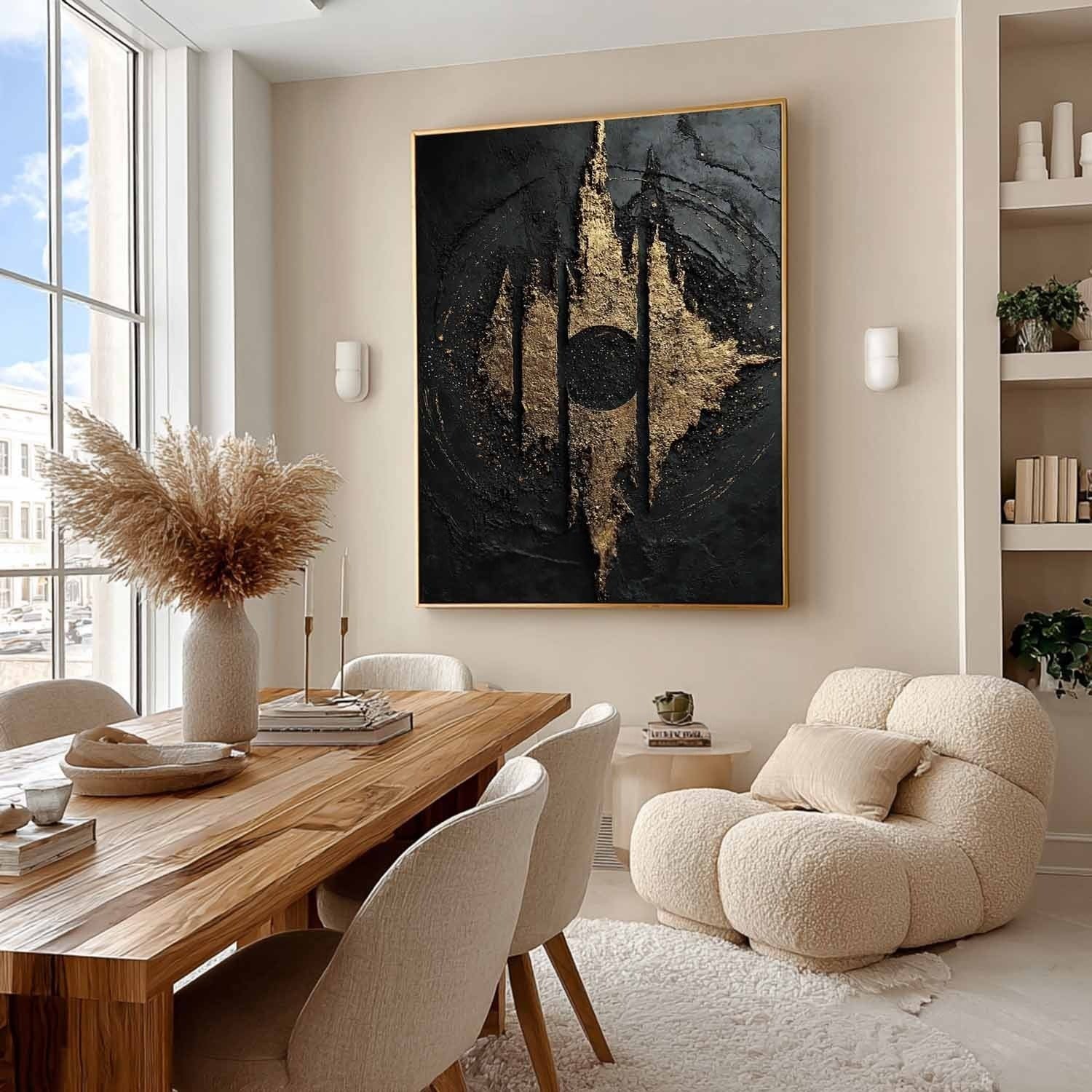 Wall Art Abstract Black Gold Modern Palette Knife - Neutralighting