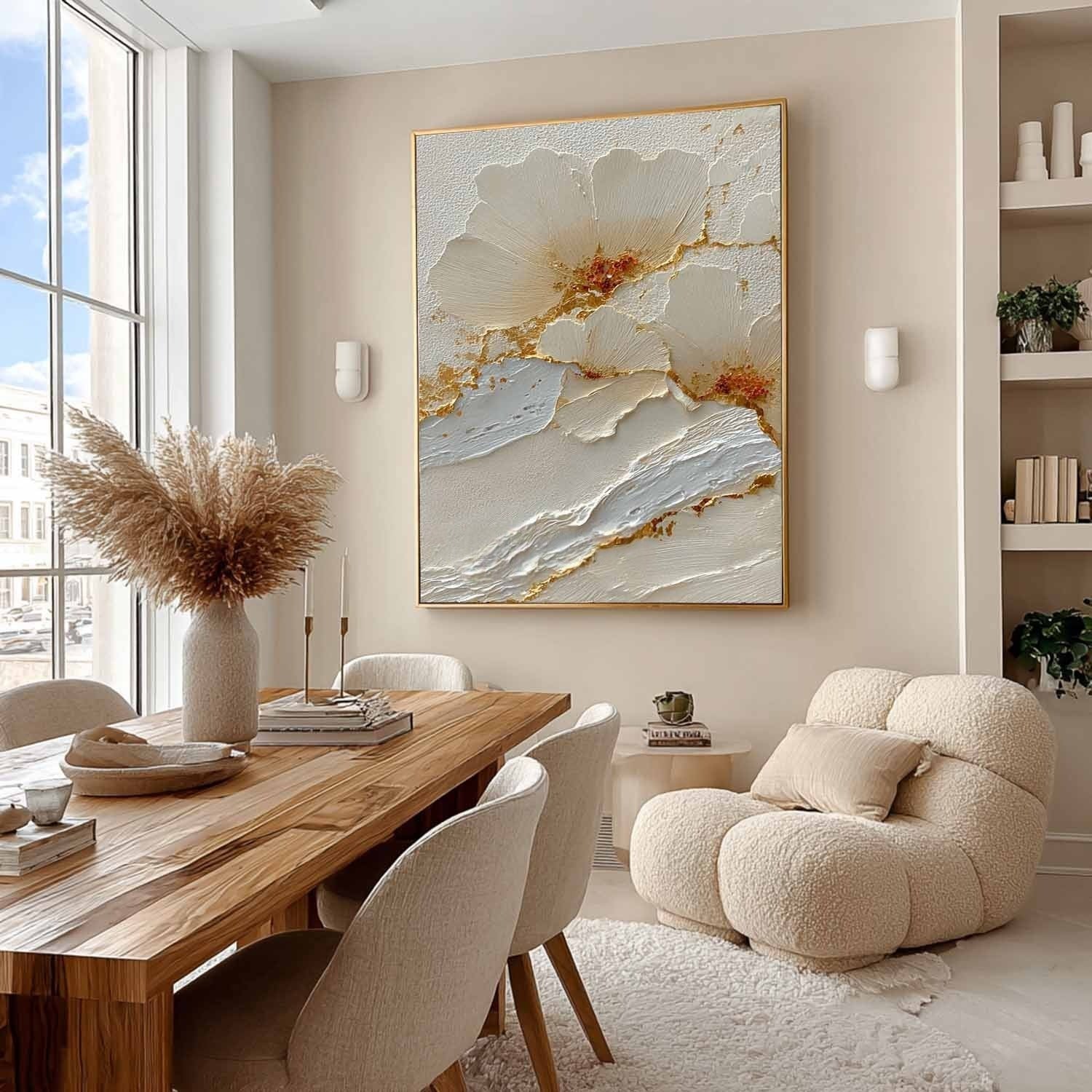 Wall Art Cream Floral Gold Kintsugi Textured - Neutralighting
