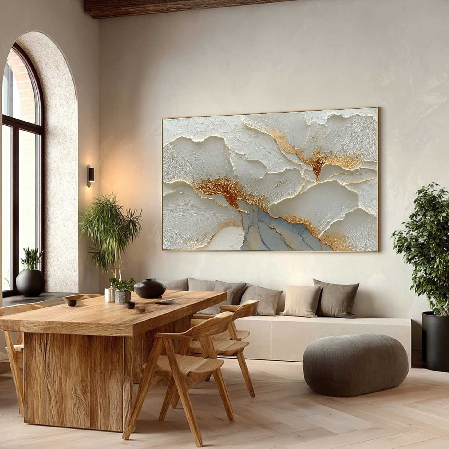 Luxury White & Gold Floral Impasto Painting - Neutralighting