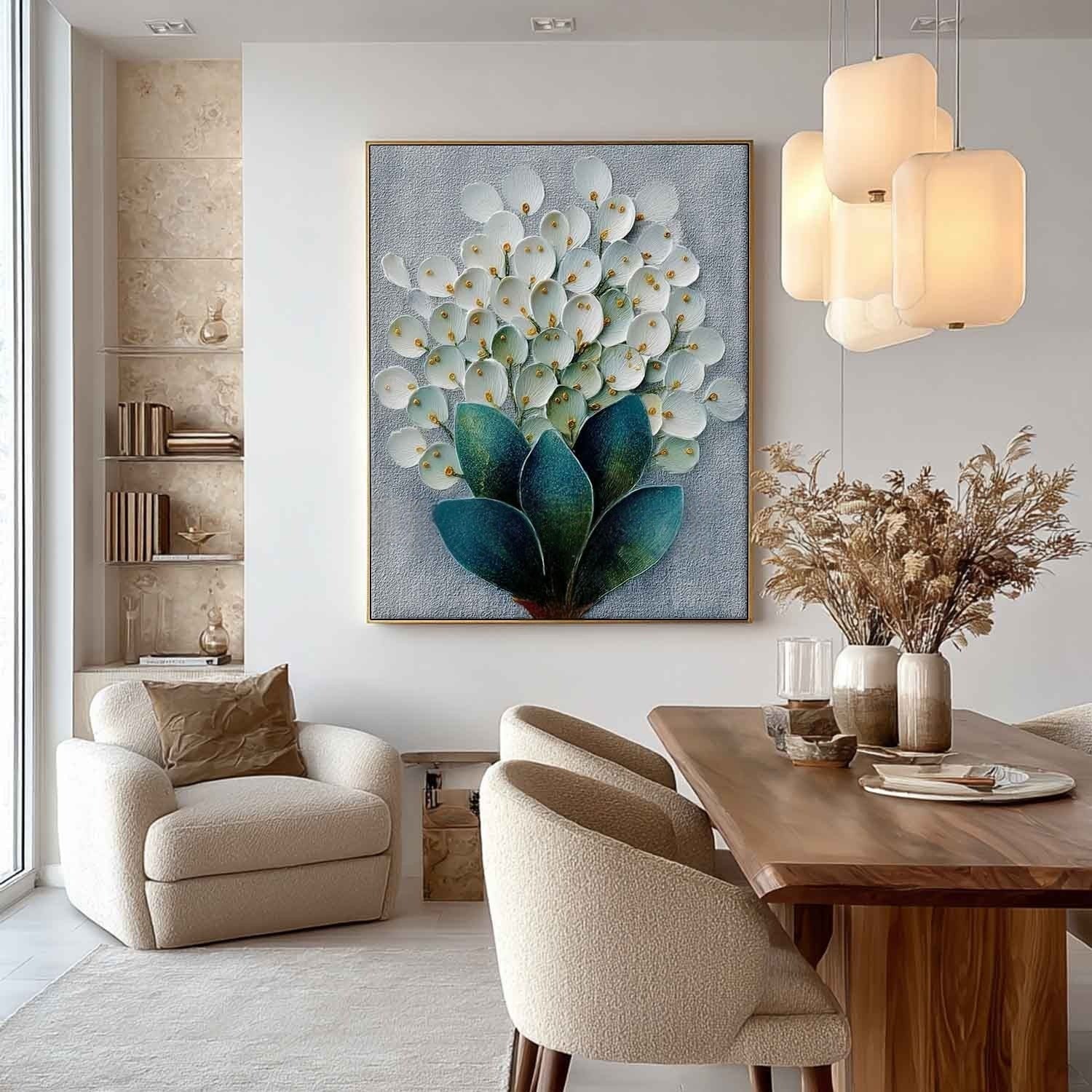 3D White Floral Bouquet Textured Painting - Neutralighting