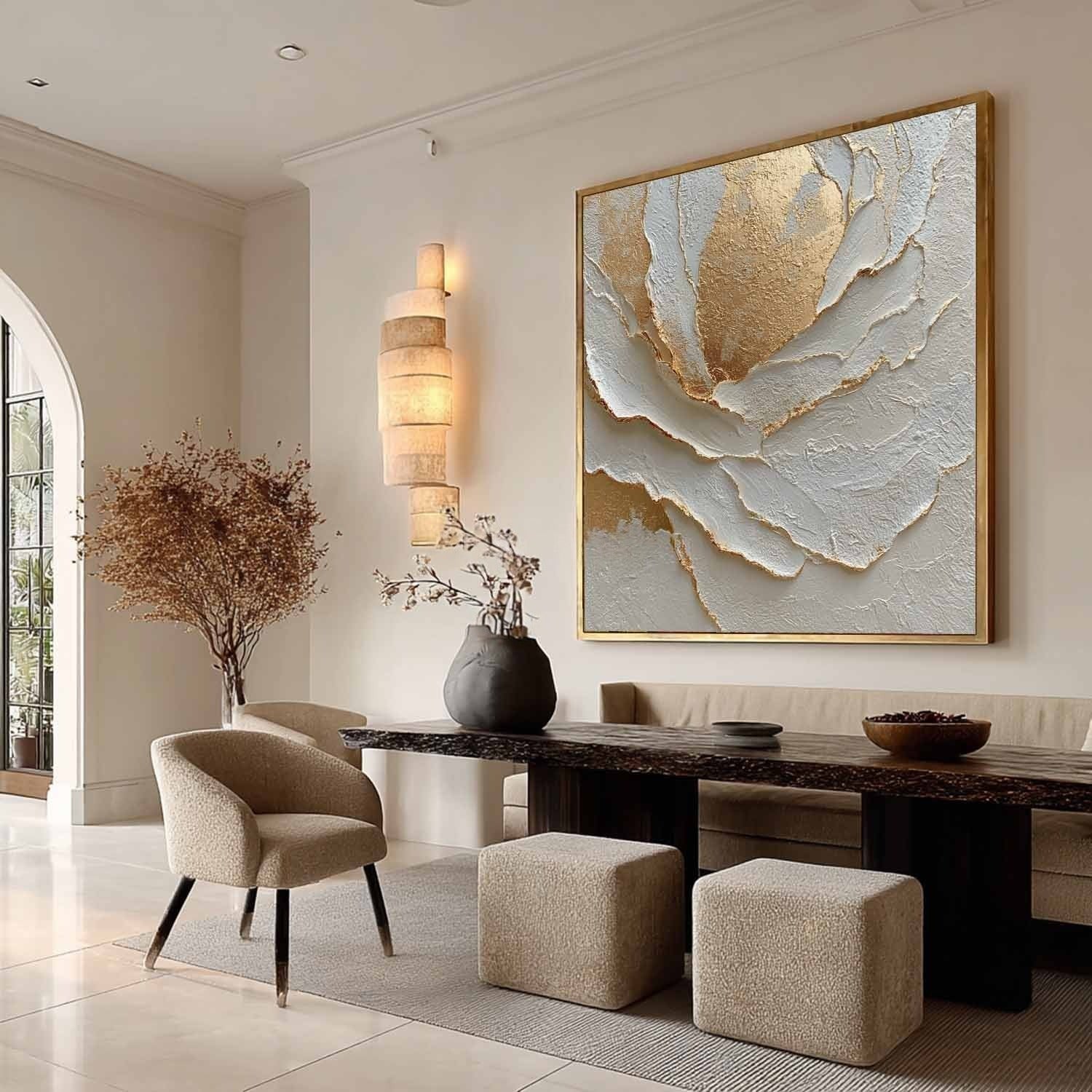 Wall Art White Peony Gold Accent Floral - Neutralighting