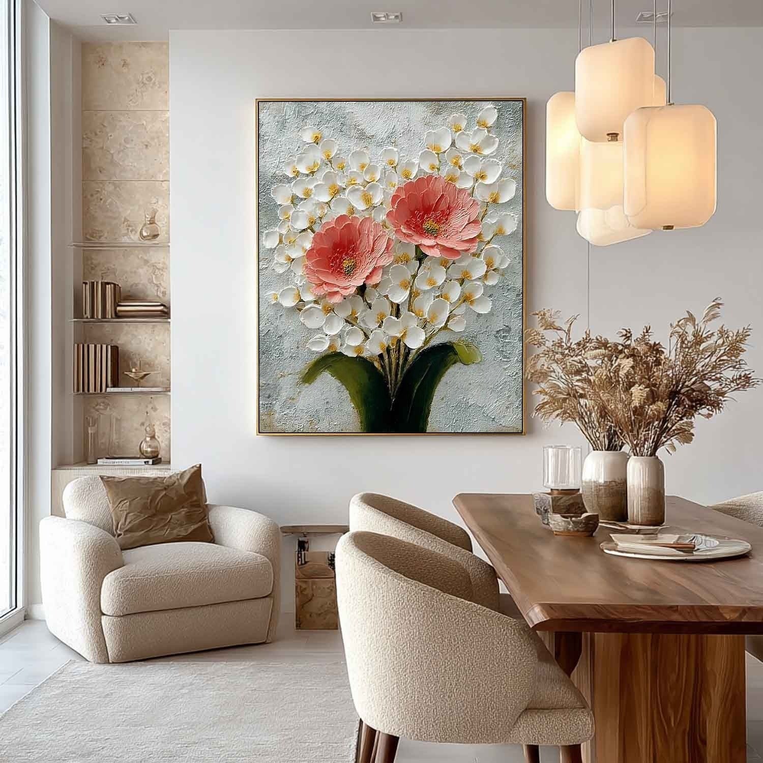 Wall Art Pink Peony White Blossom Floral Painting - Neutralighting