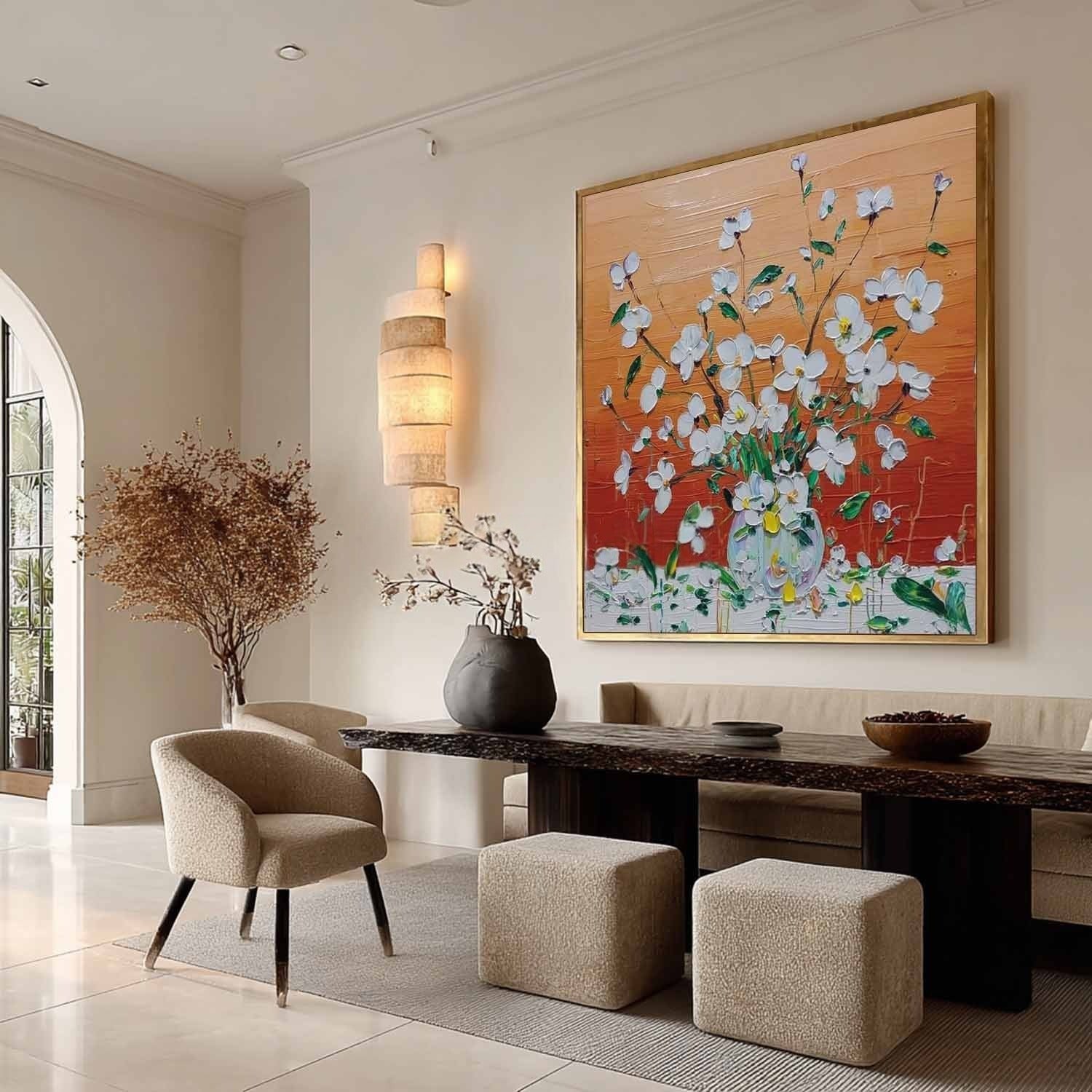 White Floral Bouquet 3D Impasto Painting - Neutralighting