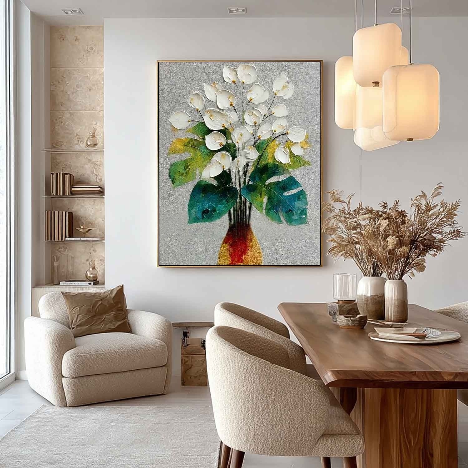 White Calla Lily Monstera Impasto Painting - Neutralighting