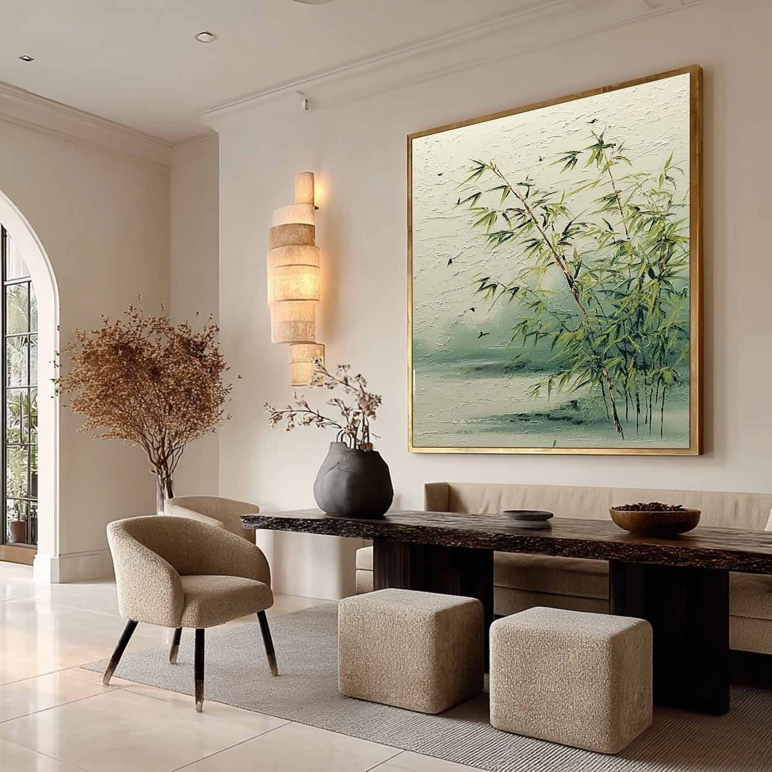 Tranquil Lakeside Bamboo 3D Impasto Painting - Neutralighting