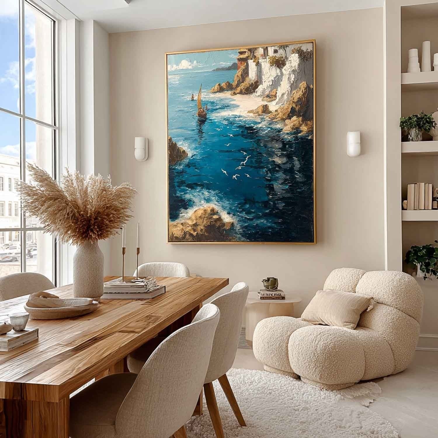Wall Art Mediterranean Coastal Village Sailboat - Neutralighting