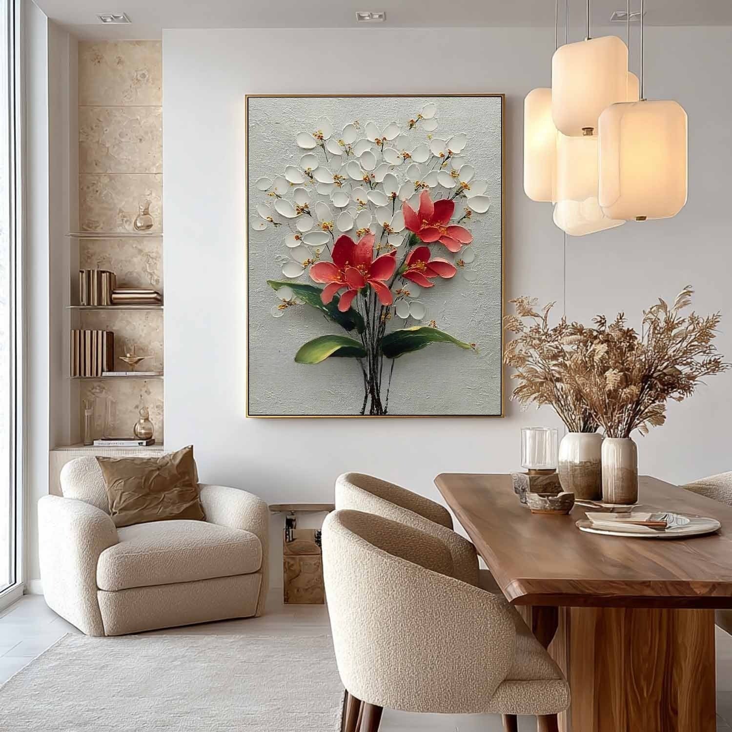 White Blossoms Red 3D Textured Painting - Neutralighting