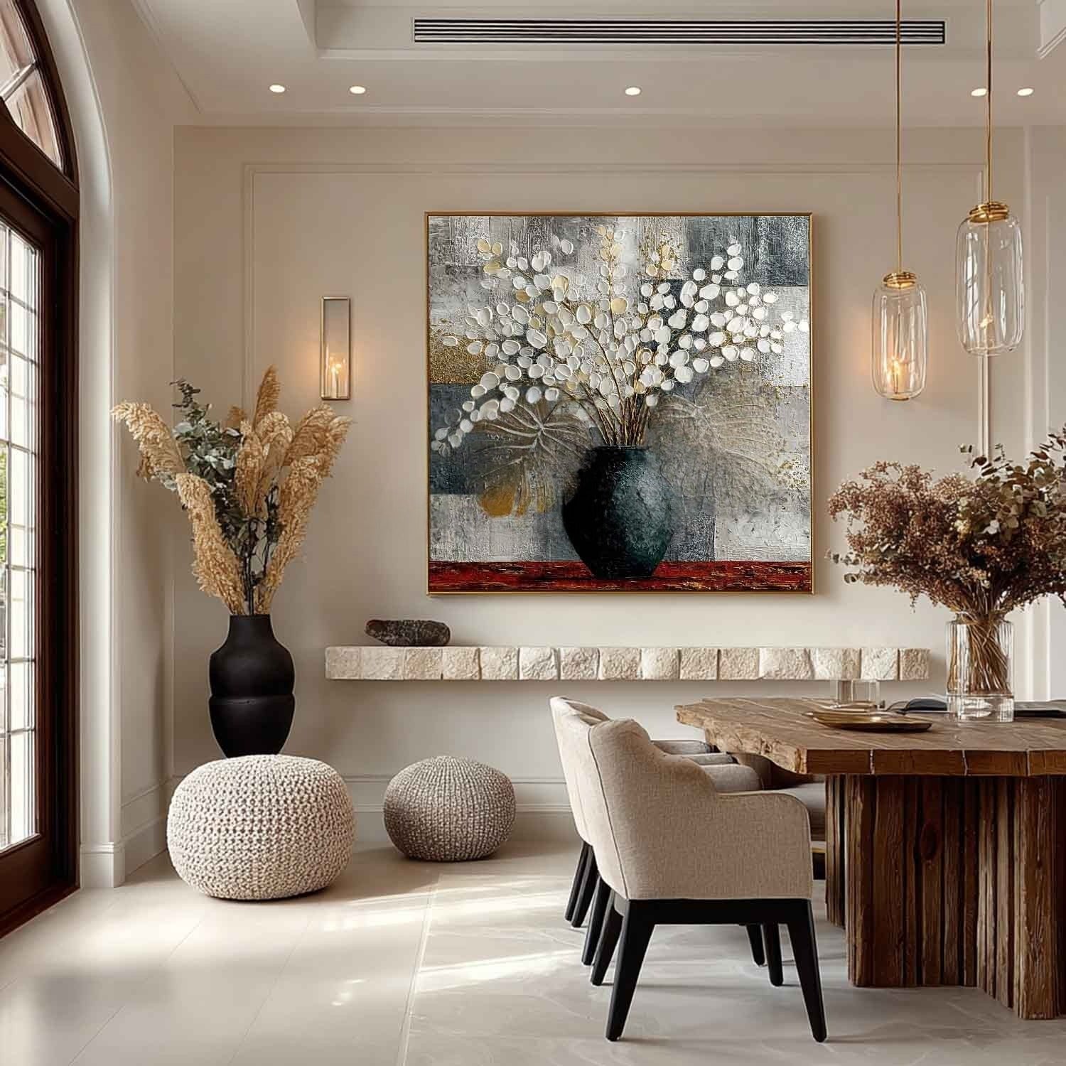 Gold Monstera White Blossoms Impasto Painting - Neutralighting