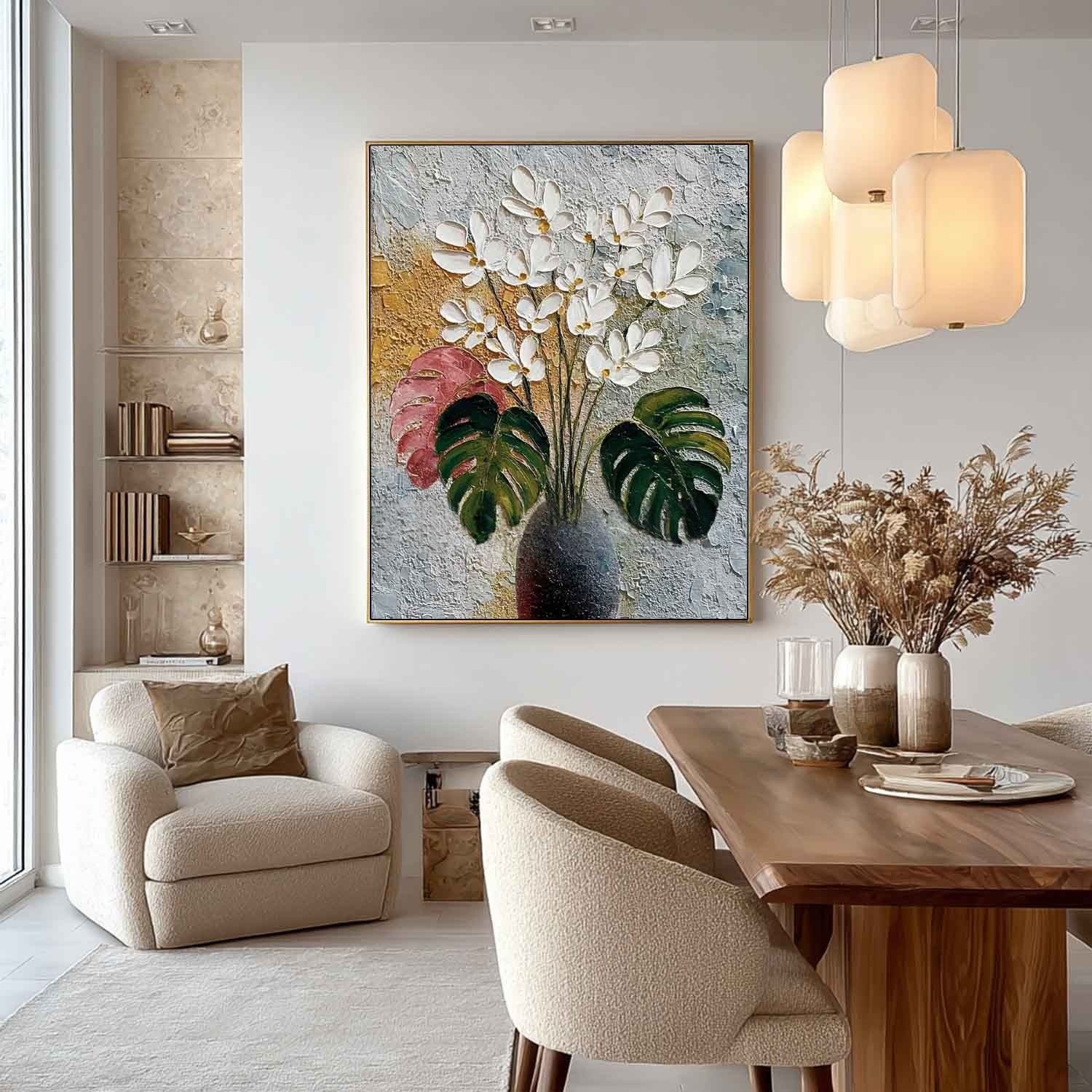 White Blossoms Monstera Impasto Painting - Neutralighting