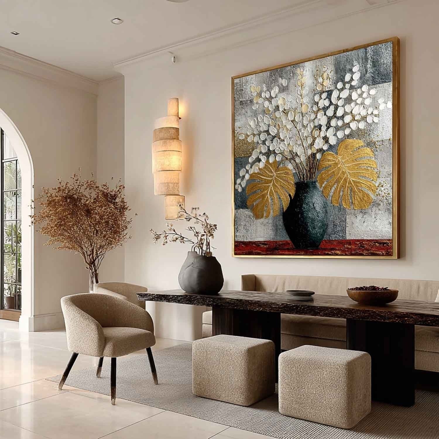 Gold Monstera White Blossoms Impasto Painting - Neutralighting