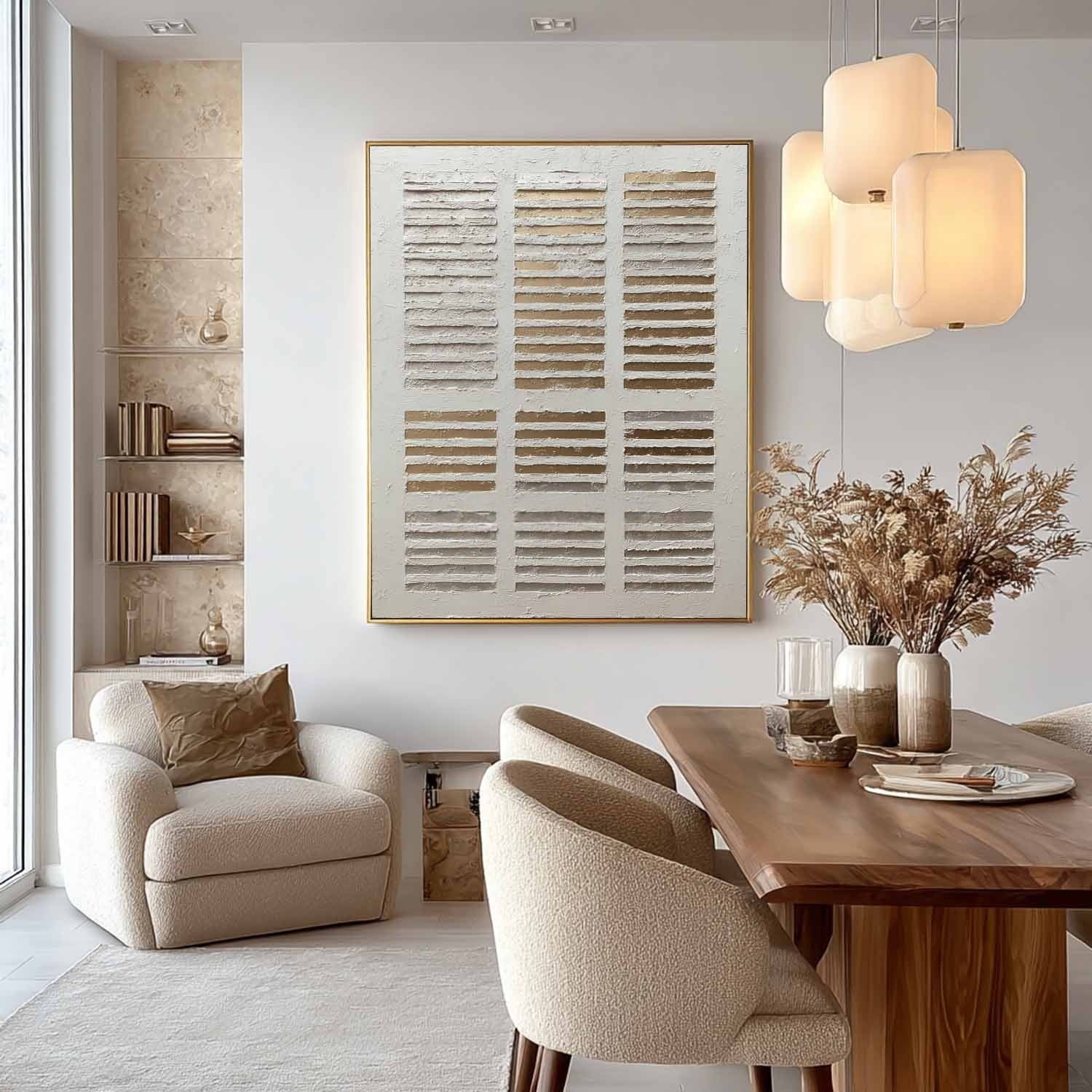 Wall Art Minimalist Grid Beige Gold Textured - Neutralighting